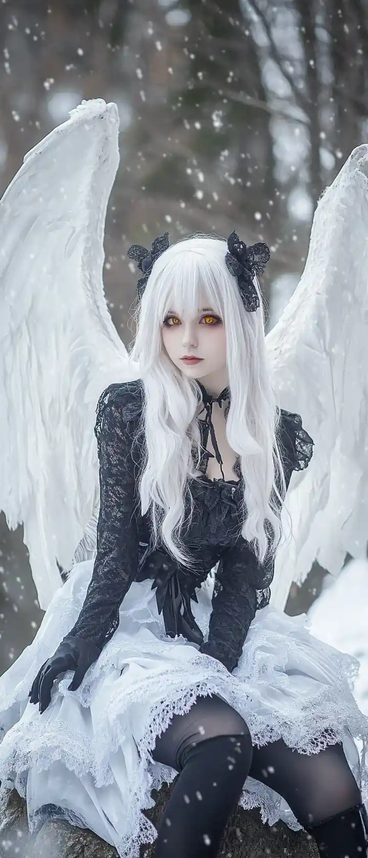 Chica de pelo blanco con alas sobre una roca bajo la nieve