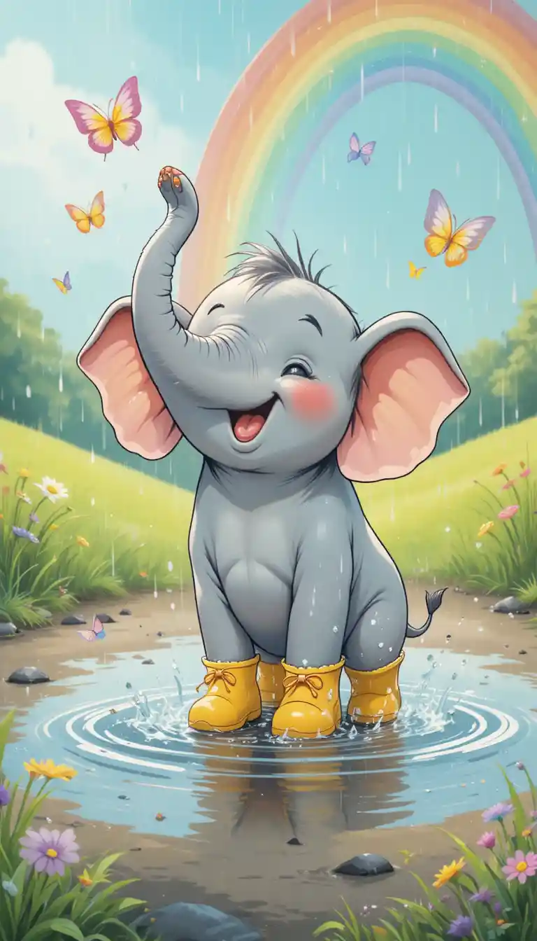 Baby elephant playing in a rainy puddle with butterflies
