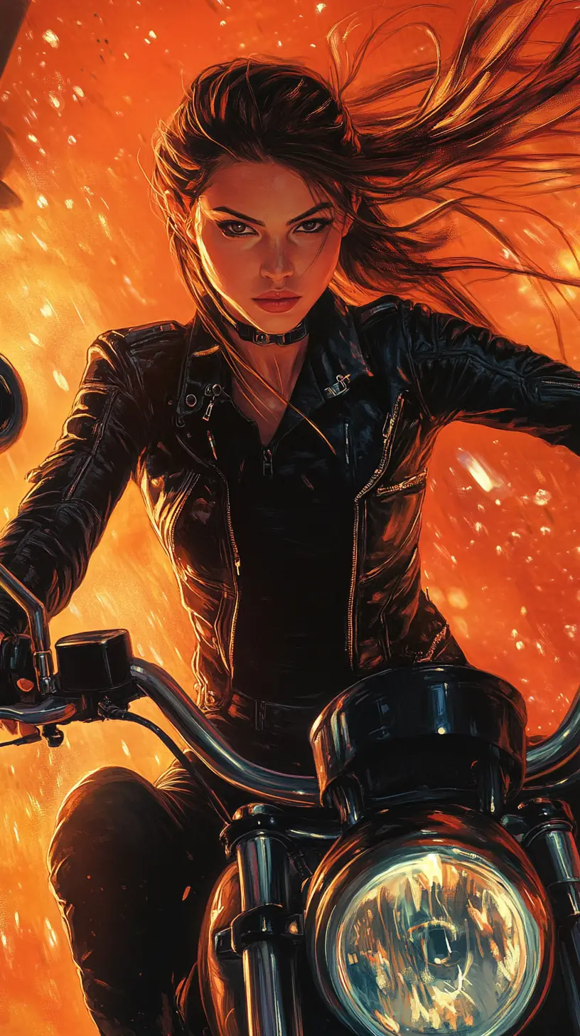 Woman warrior with katana on a futuristic motorcycle