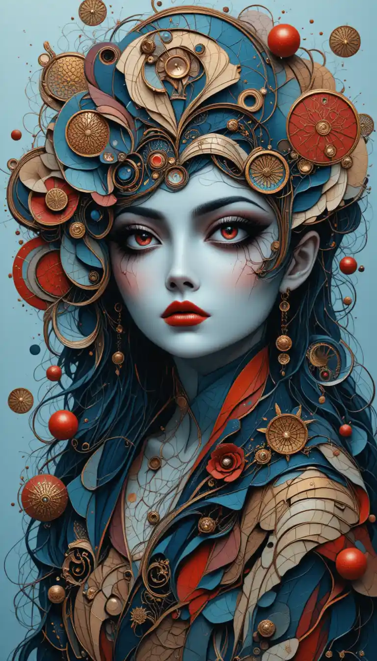 Ritratto surreale femminile ciano frammentato in un collage ornamentale