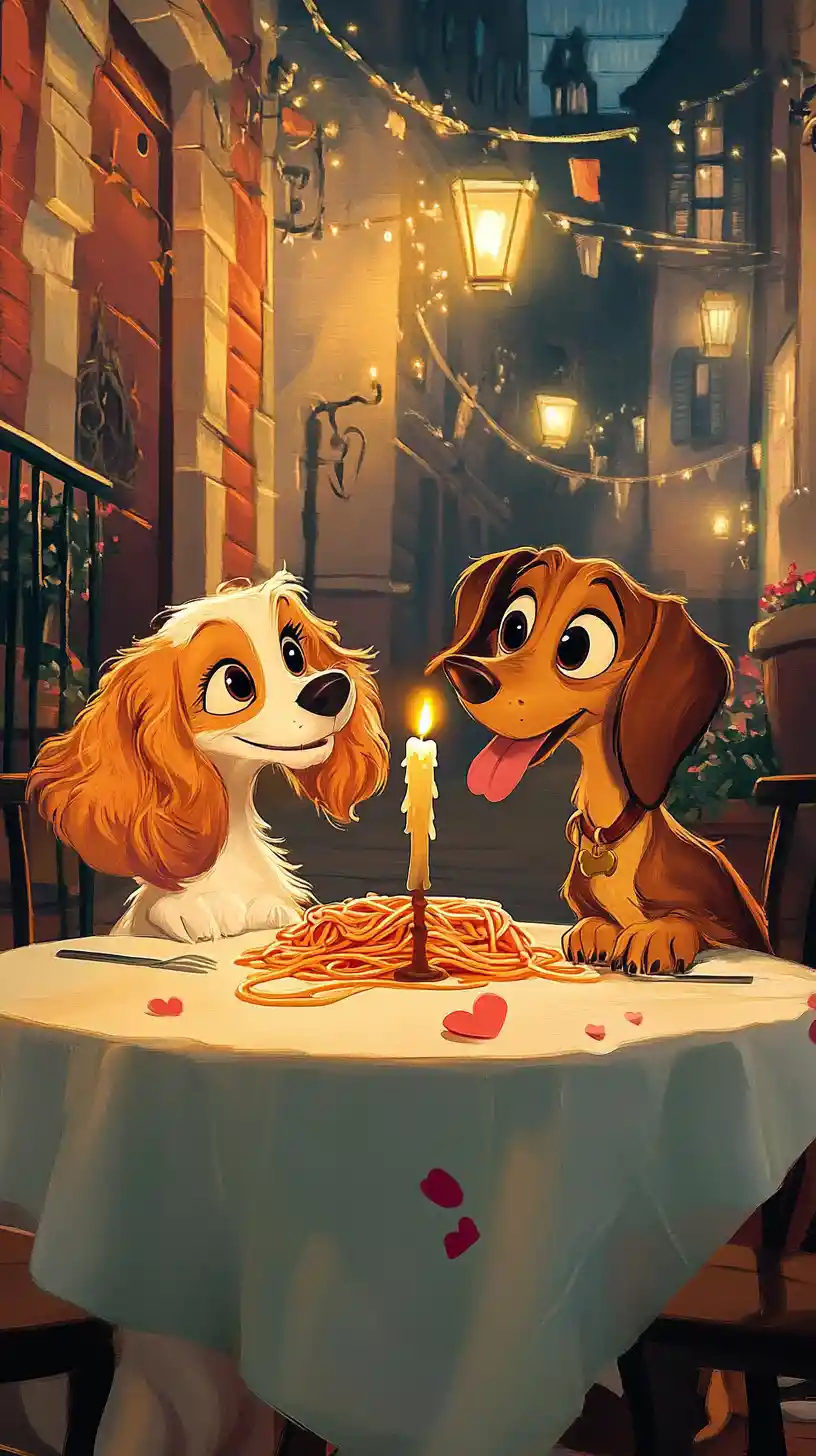 Romantic dog couple sharing spaghetti by candlelight