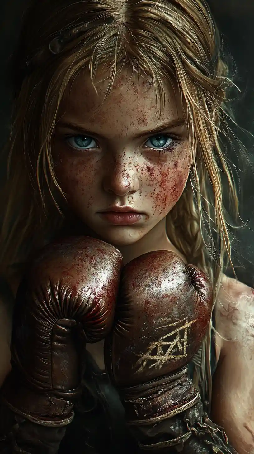 Determined young girl with bloody boxing gloves in shadow