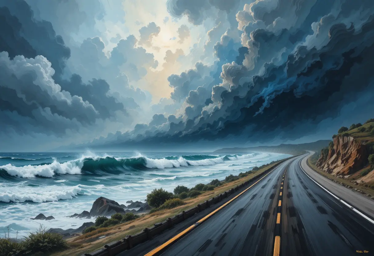 Raging storm clouds churning above the dark rolling sea