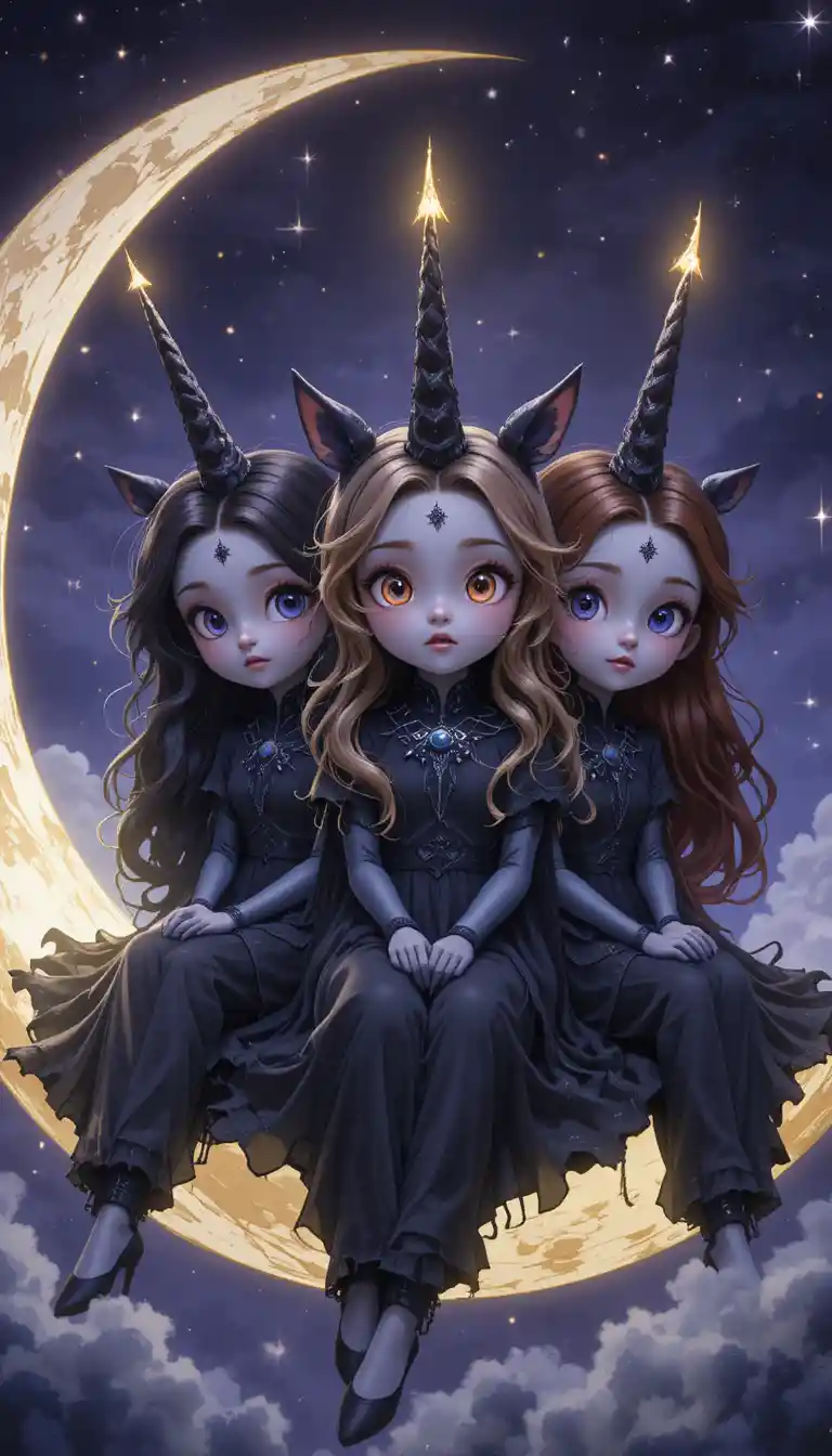 Trois filles cornues au clair de lune dans un ciel nocturne en croissant