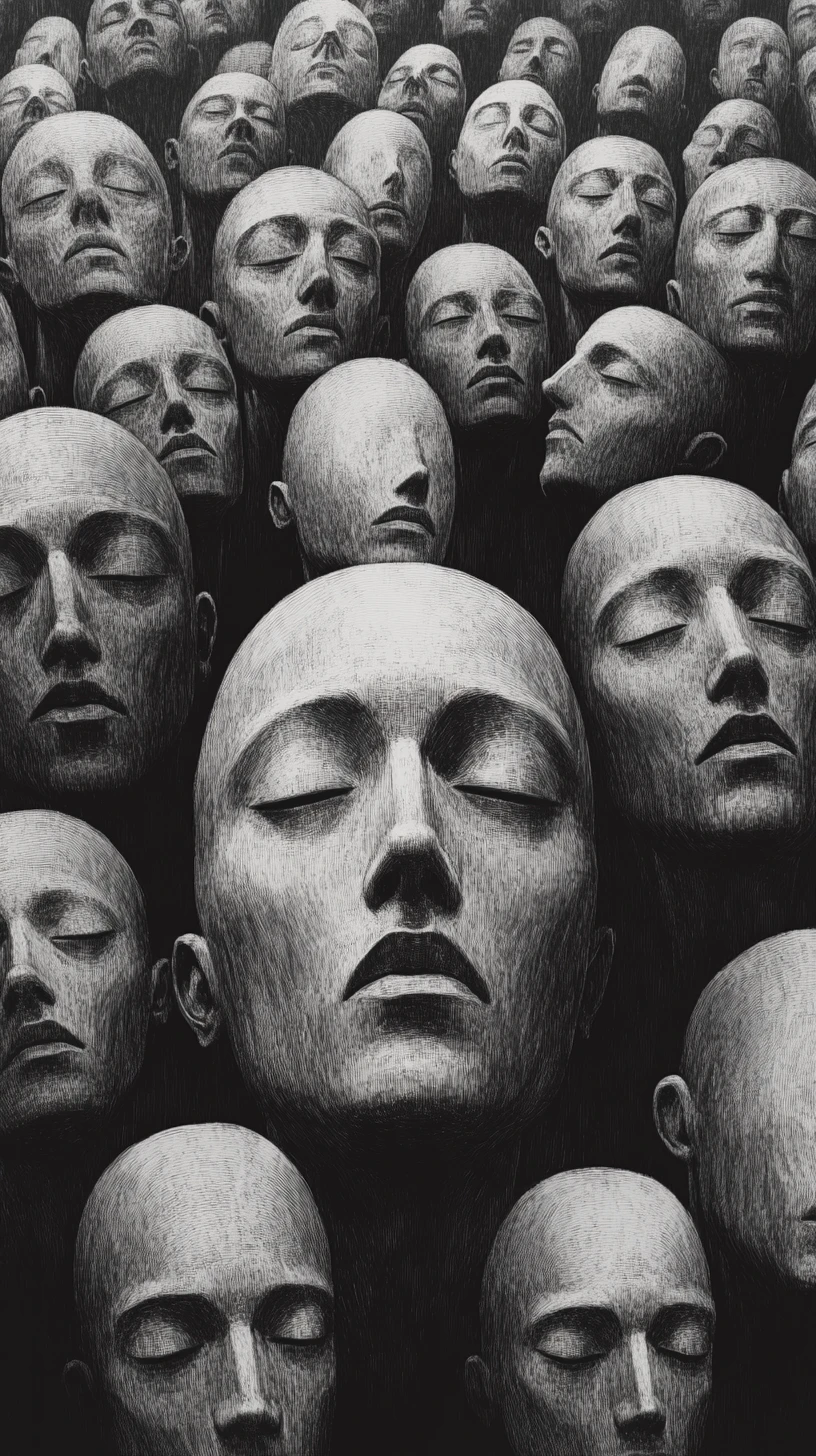Surreal crowd of countless men with shifting faces