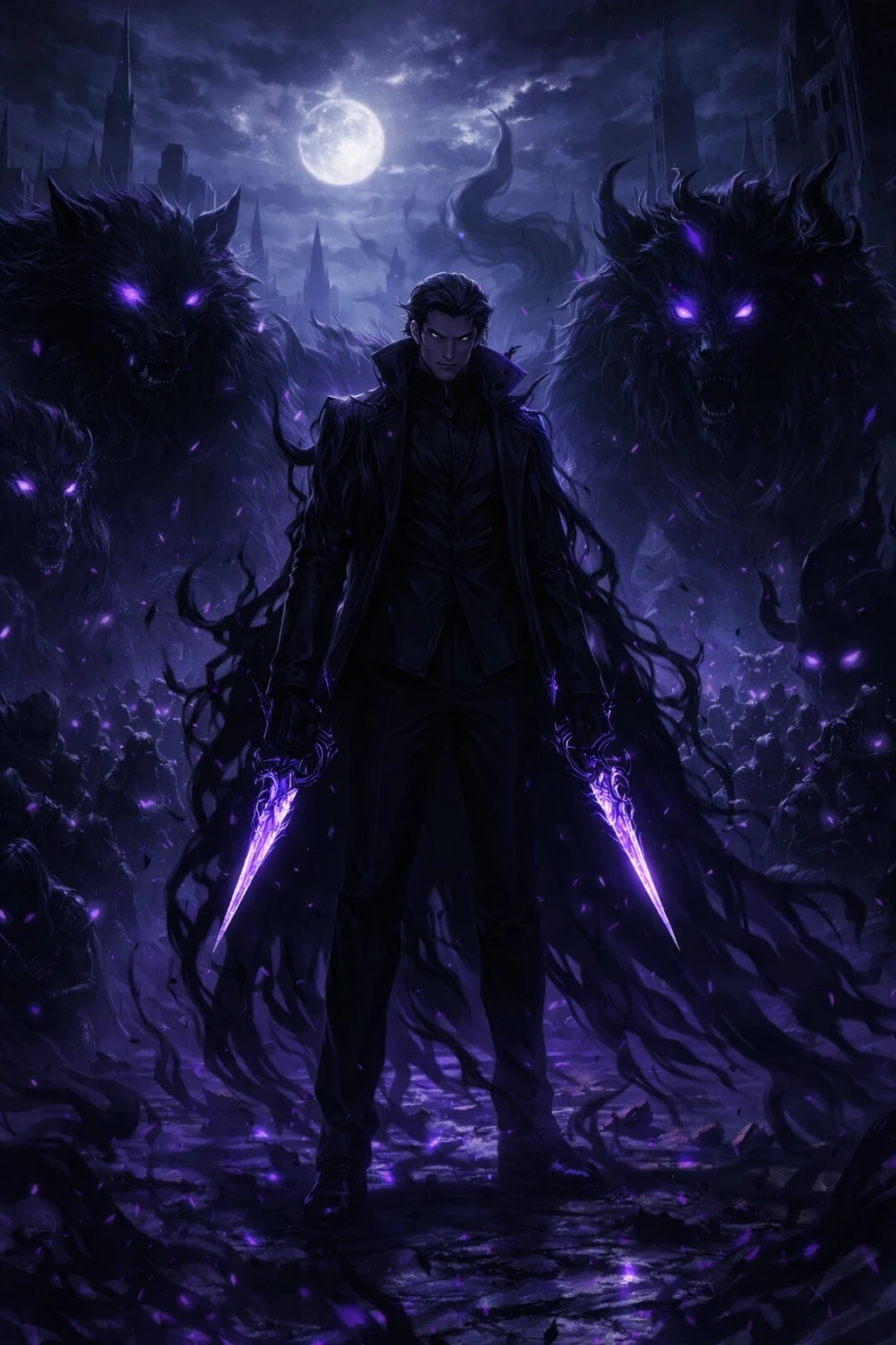 Shadow monarch assassin before a kneeling dark army