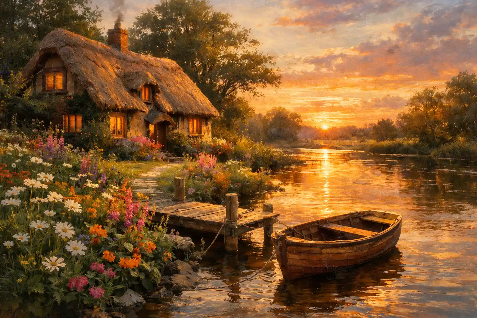 Cozy riverside cottage at sunset in soft golden light