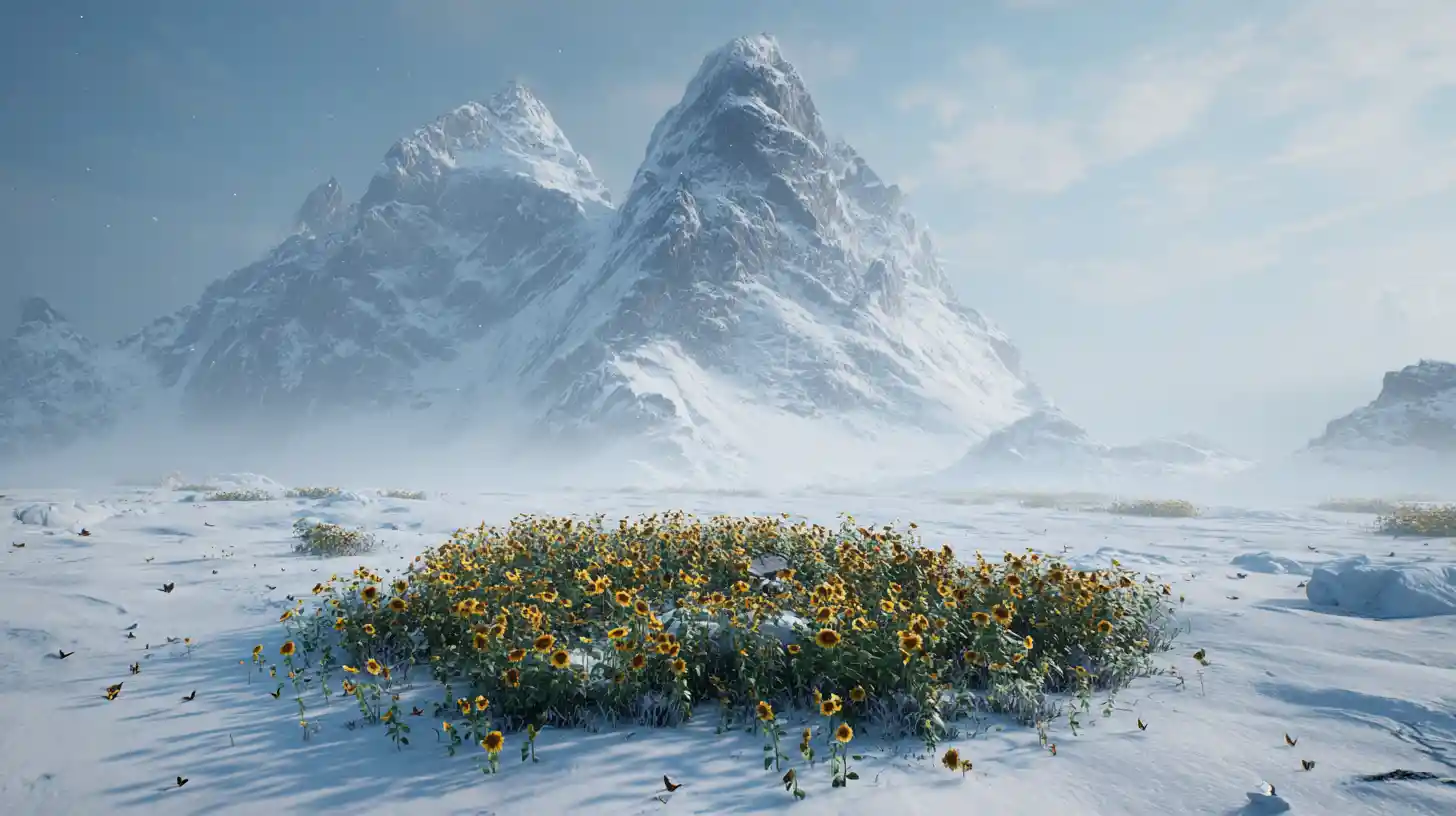 Campo de girasoles en la Antártida bajo imponentes montañas nevadas
