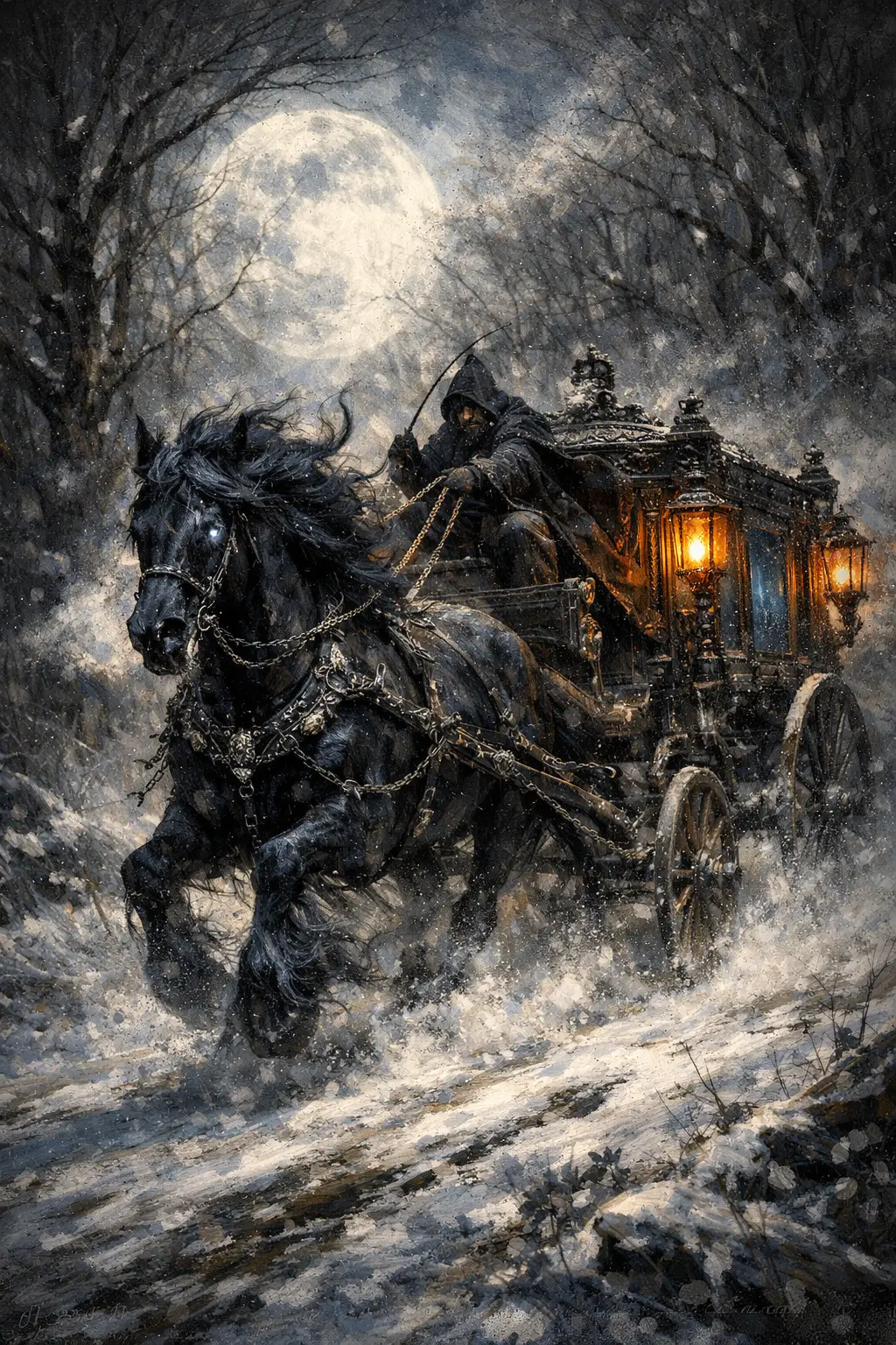 Ghostly horse drawn hearse racing through snowy forest