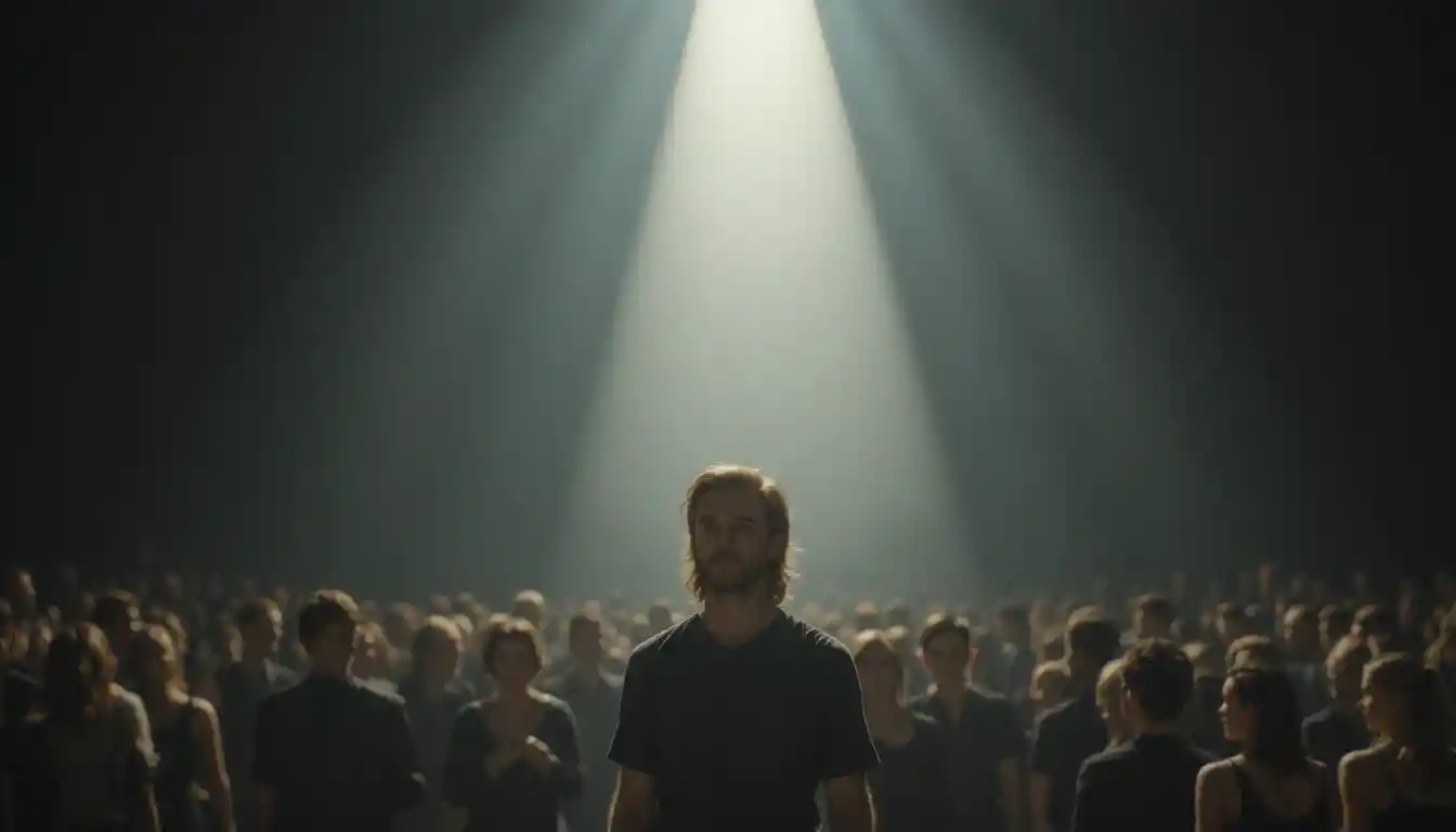 Man under spotlight before a blurred crowd in darkness