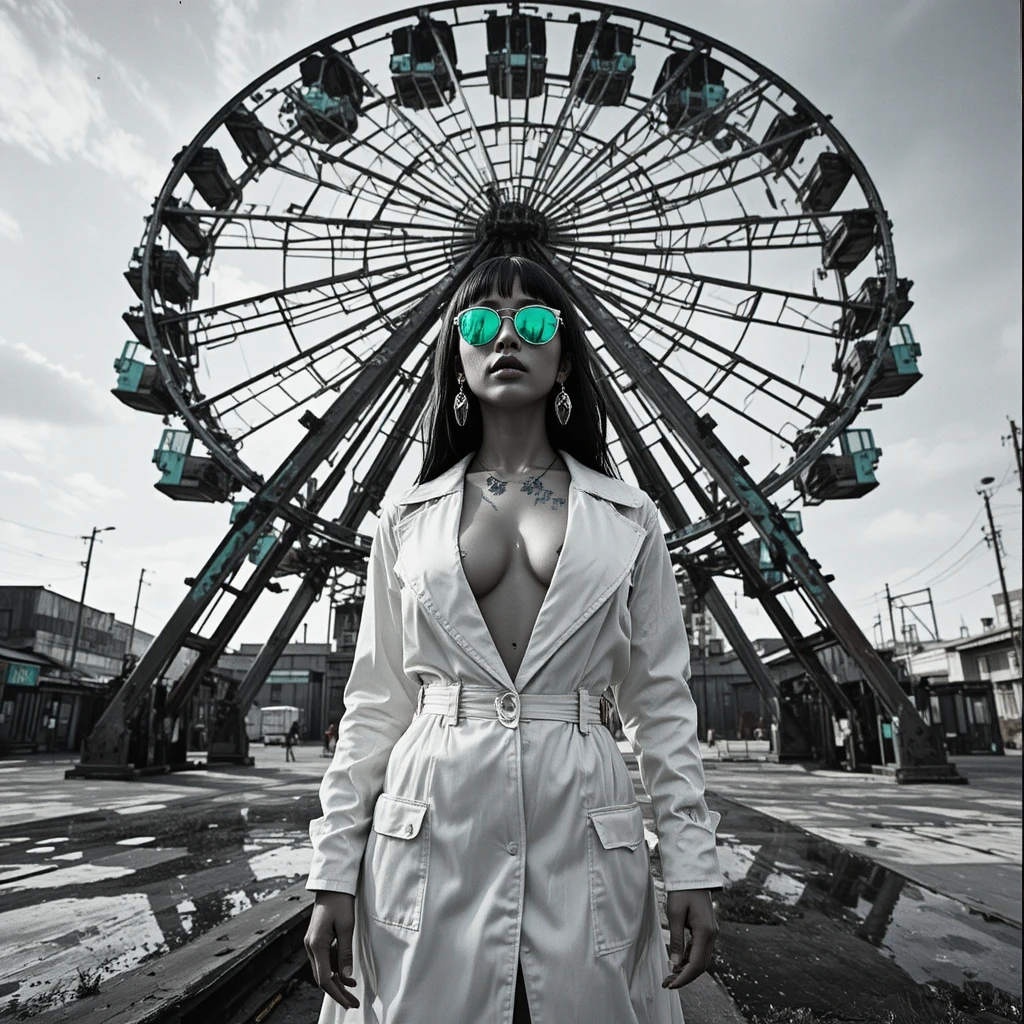 Mulher cyber noir sob a roda-gigante em contraste intenso