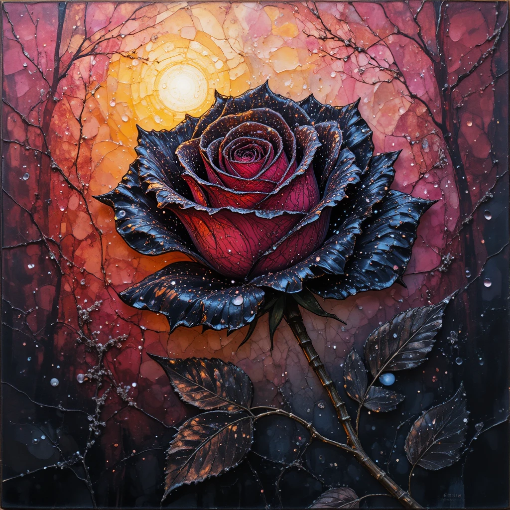 Black and pink rose with dewdrops in sunset mist