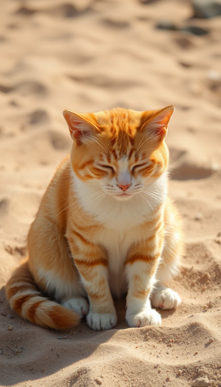 Gata tricolor cansada descansando en una cálida playa de arena