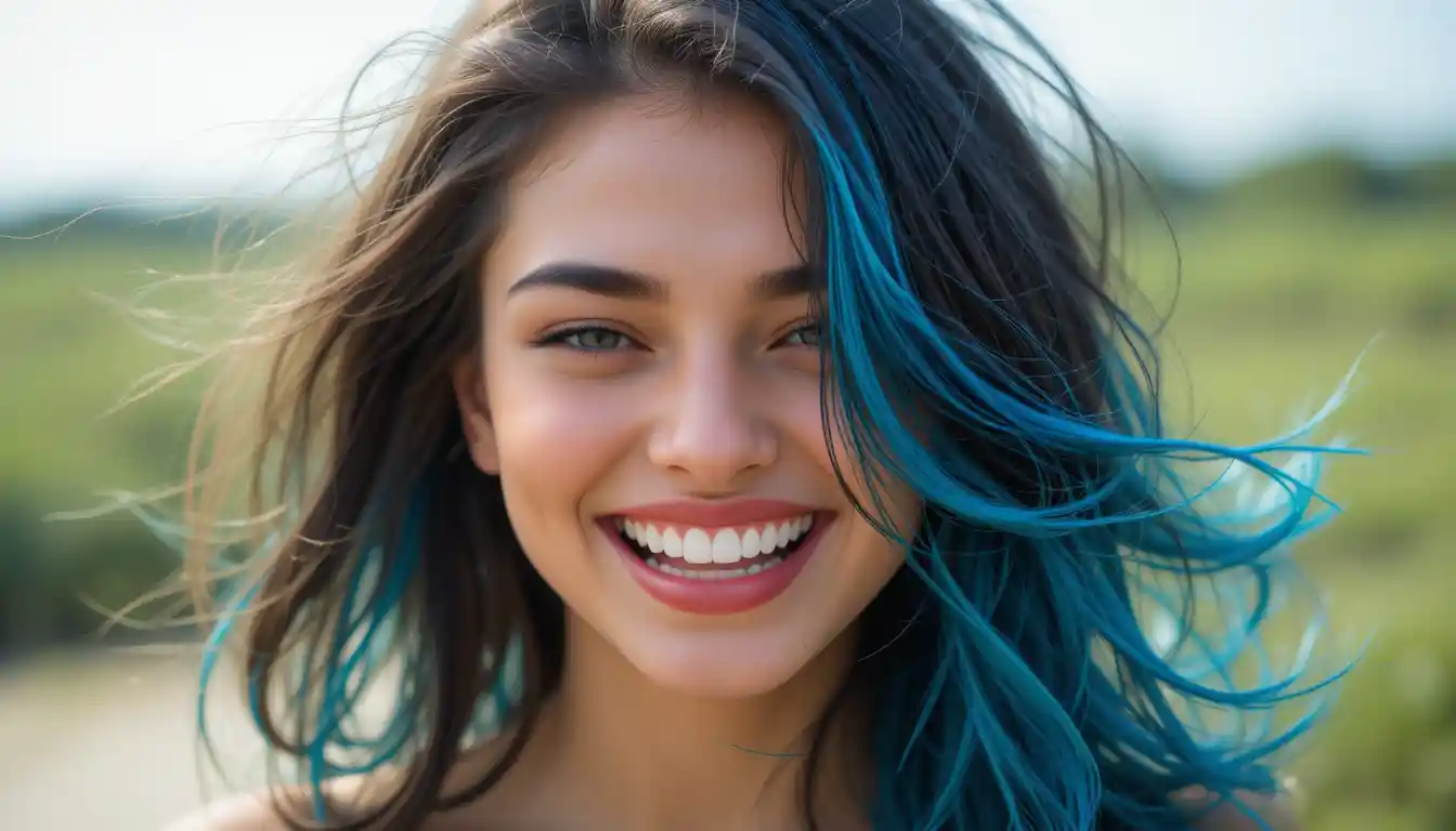 Laughing woman with blue highlighted hair in the wind
