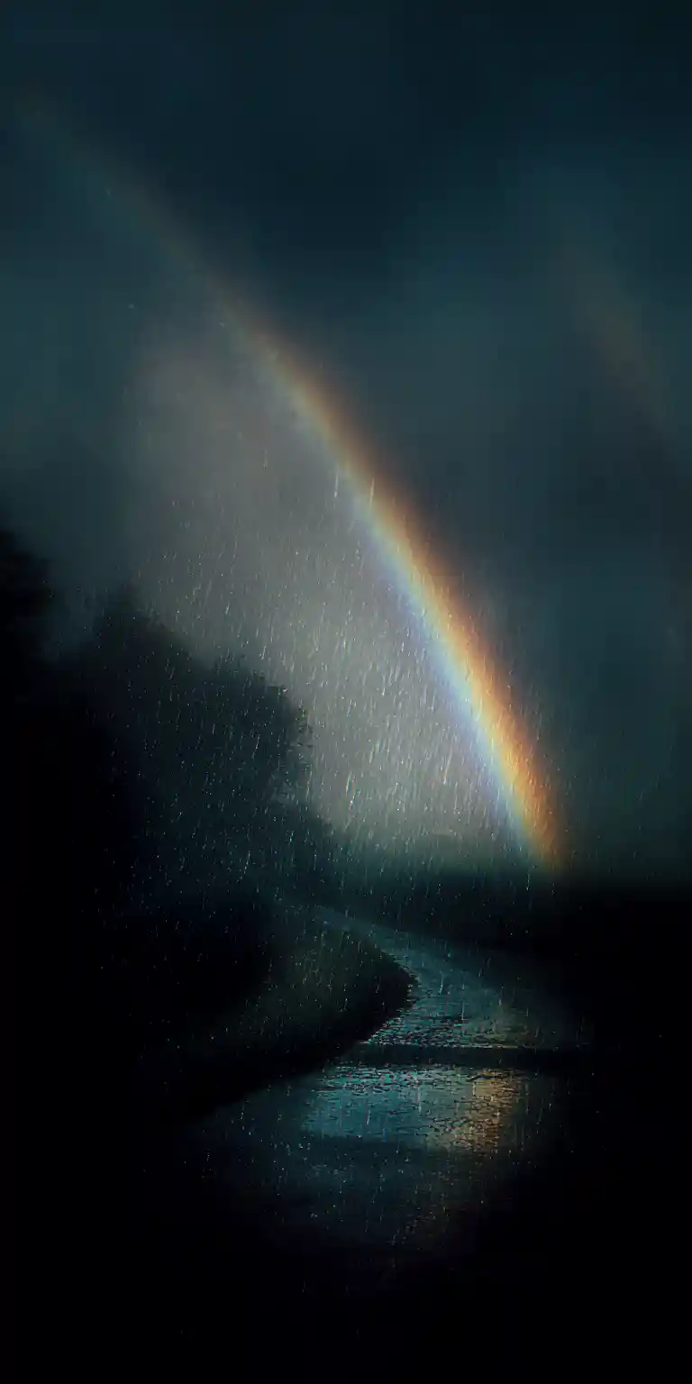 Crying figure stands in the rain under a moonless night sky