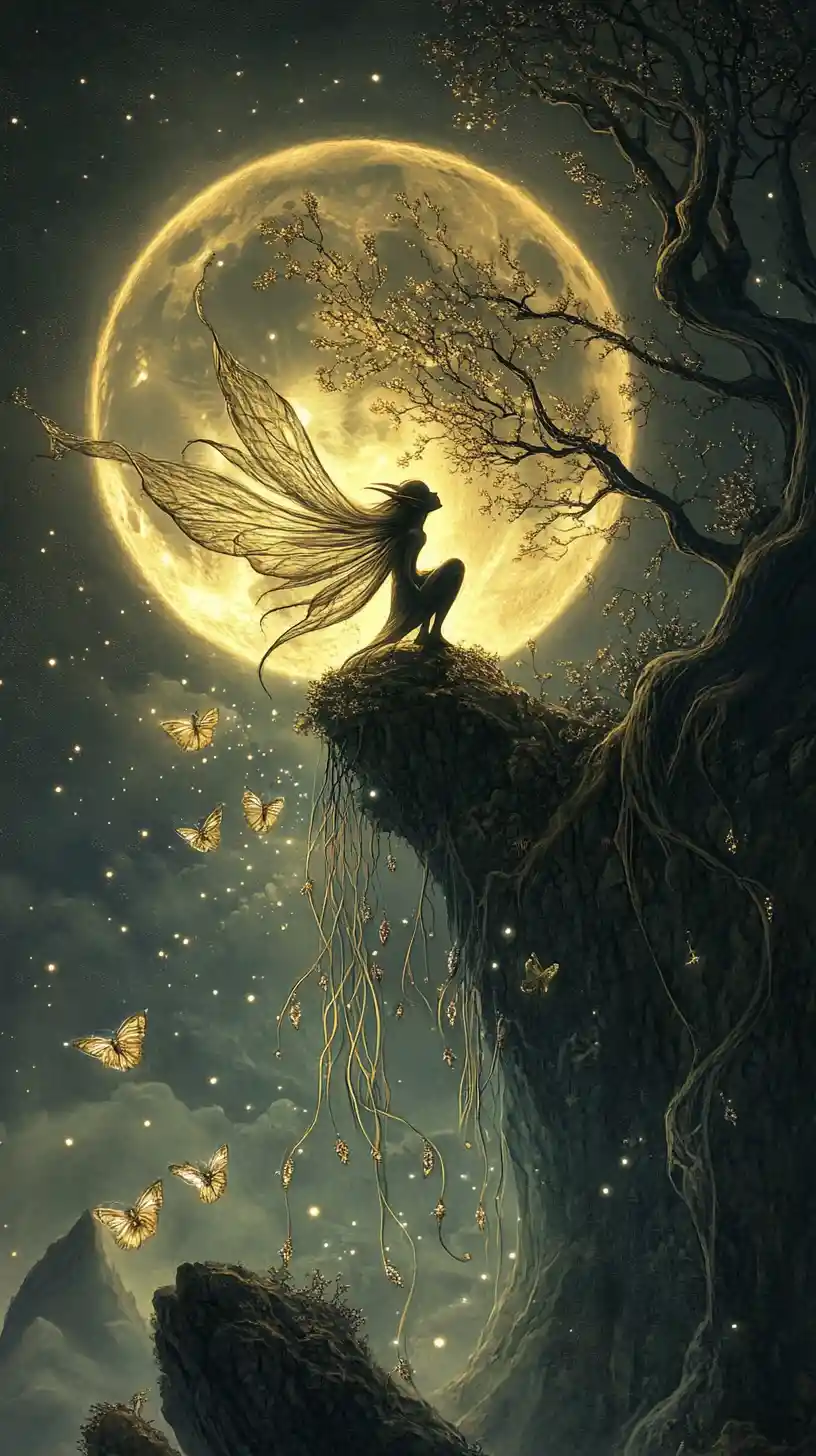 Ethereal elf drifting through a misty moonlit fantasy landscape
