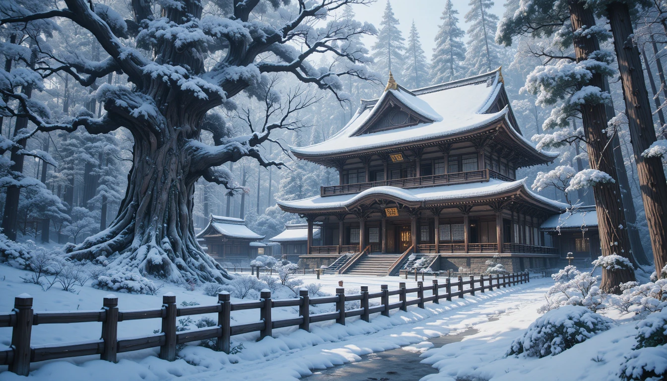 Templo japonés tradicional en un tranquilo bosque nevado