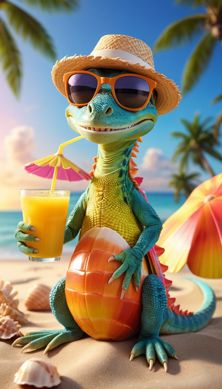 Lézard style Pixar qui se détend sur une plage tropicale ensoleillée
