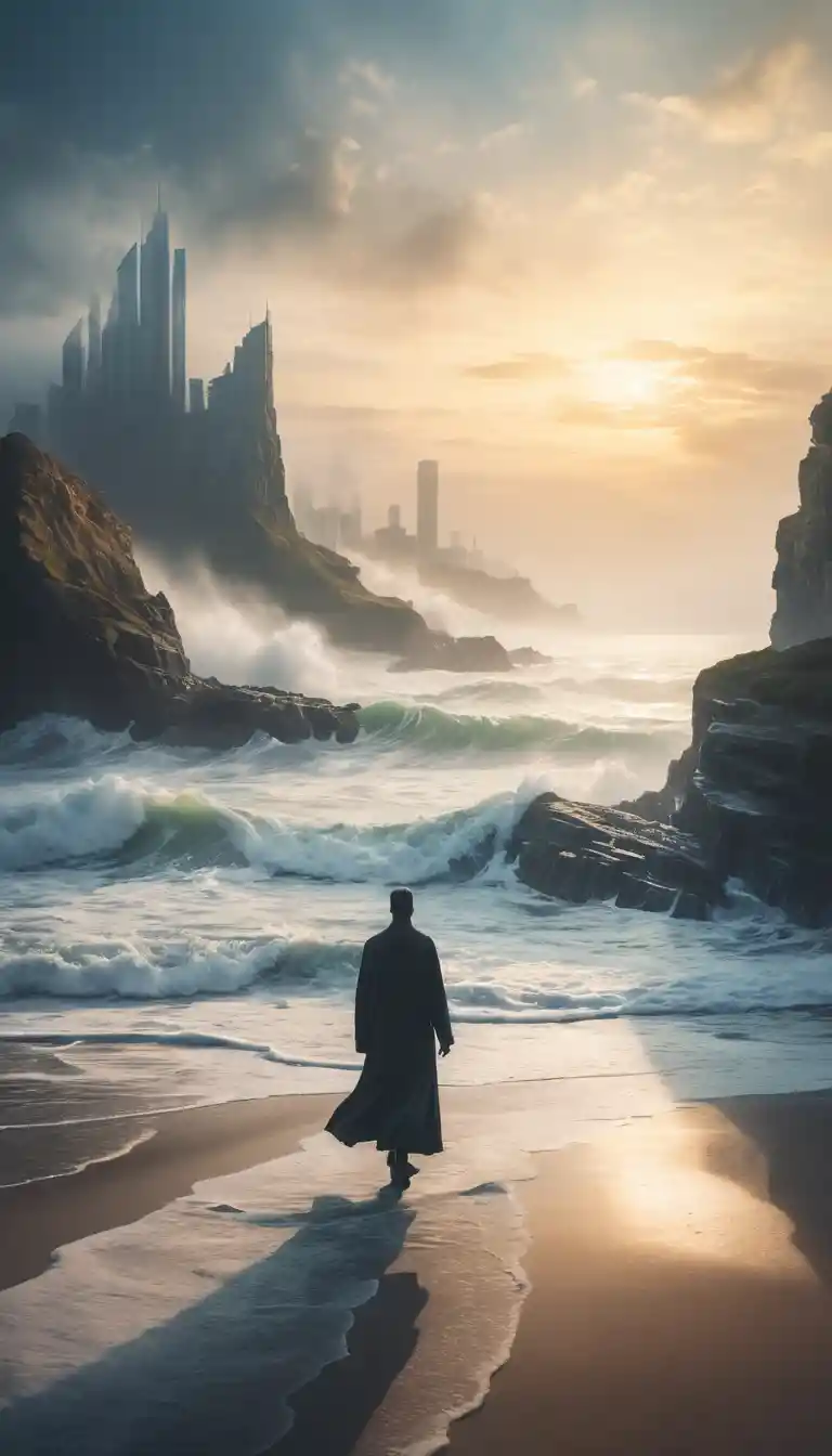 Dreamlike cityscape fading into a misty horizon