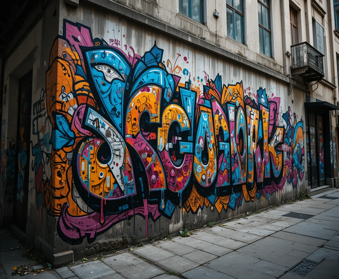 Colorful street art mural on an old concrete wall