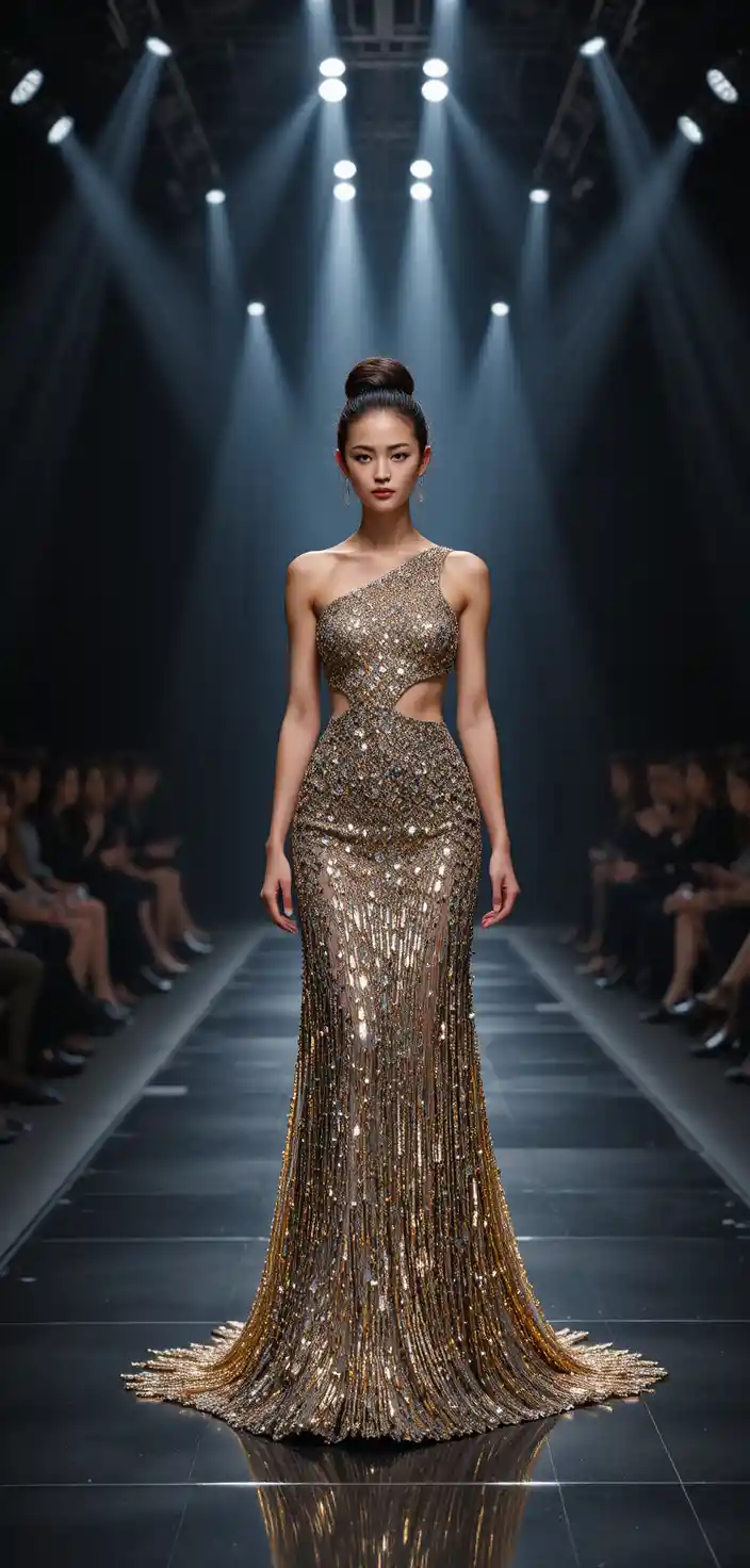 Mannequin glamour en robe métallique sur un podium sous les projecteurs