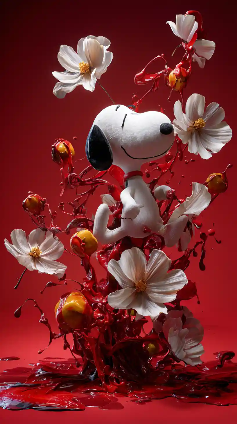 Dynamic cartoon dog with swirling floral motion lines