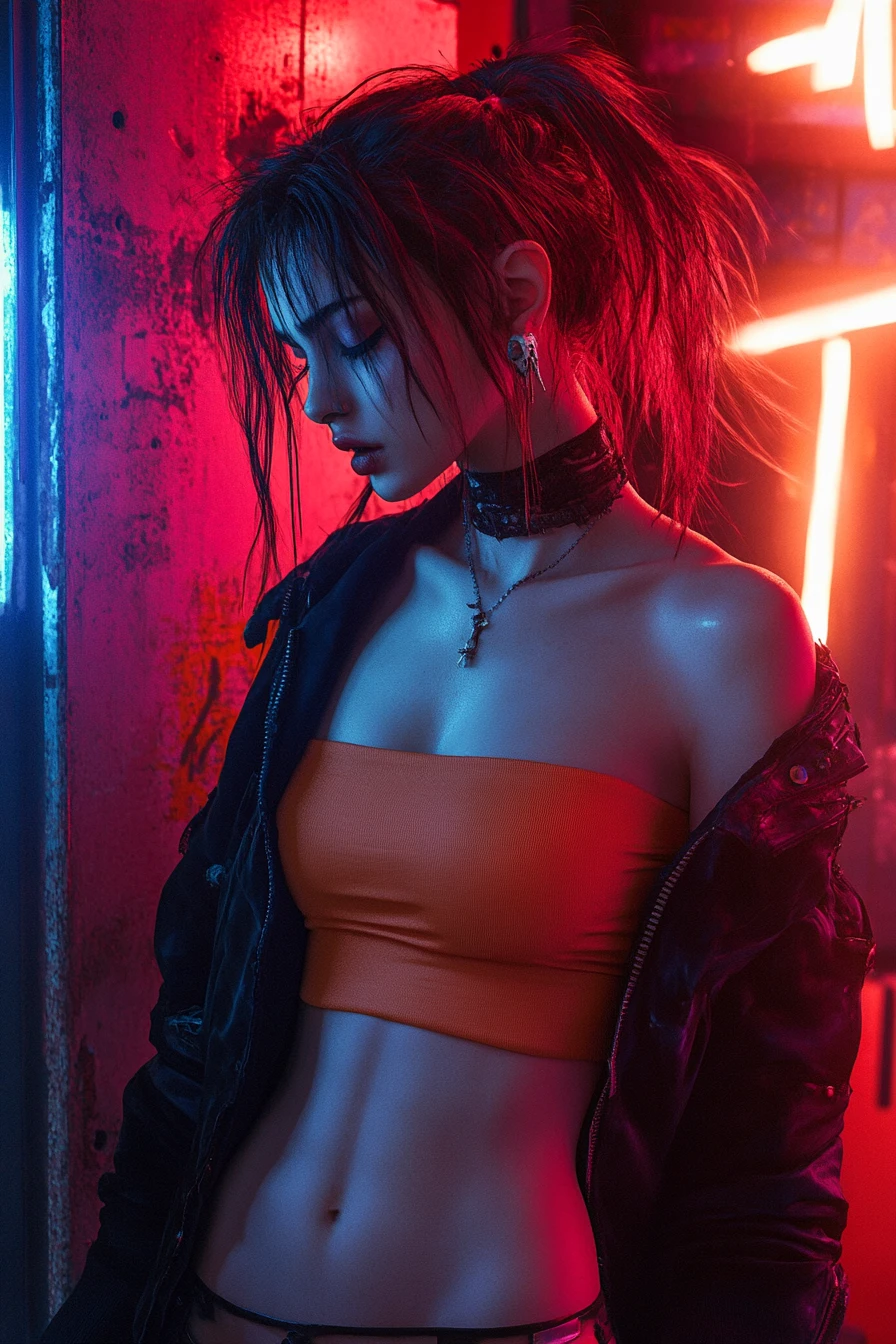 Dark profile of a defiant girl in tube top and jacket