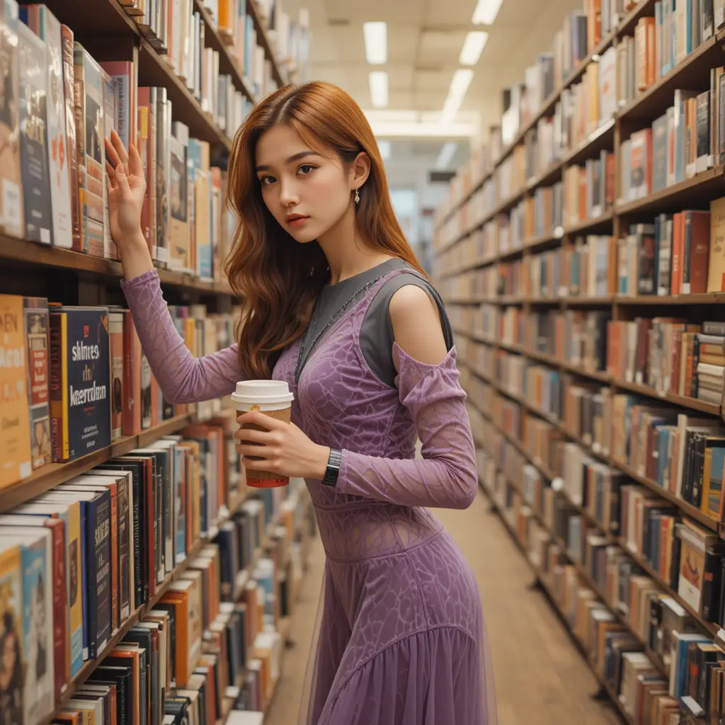 身穿薰衣草色長裙的年輕女子翻看精裝書