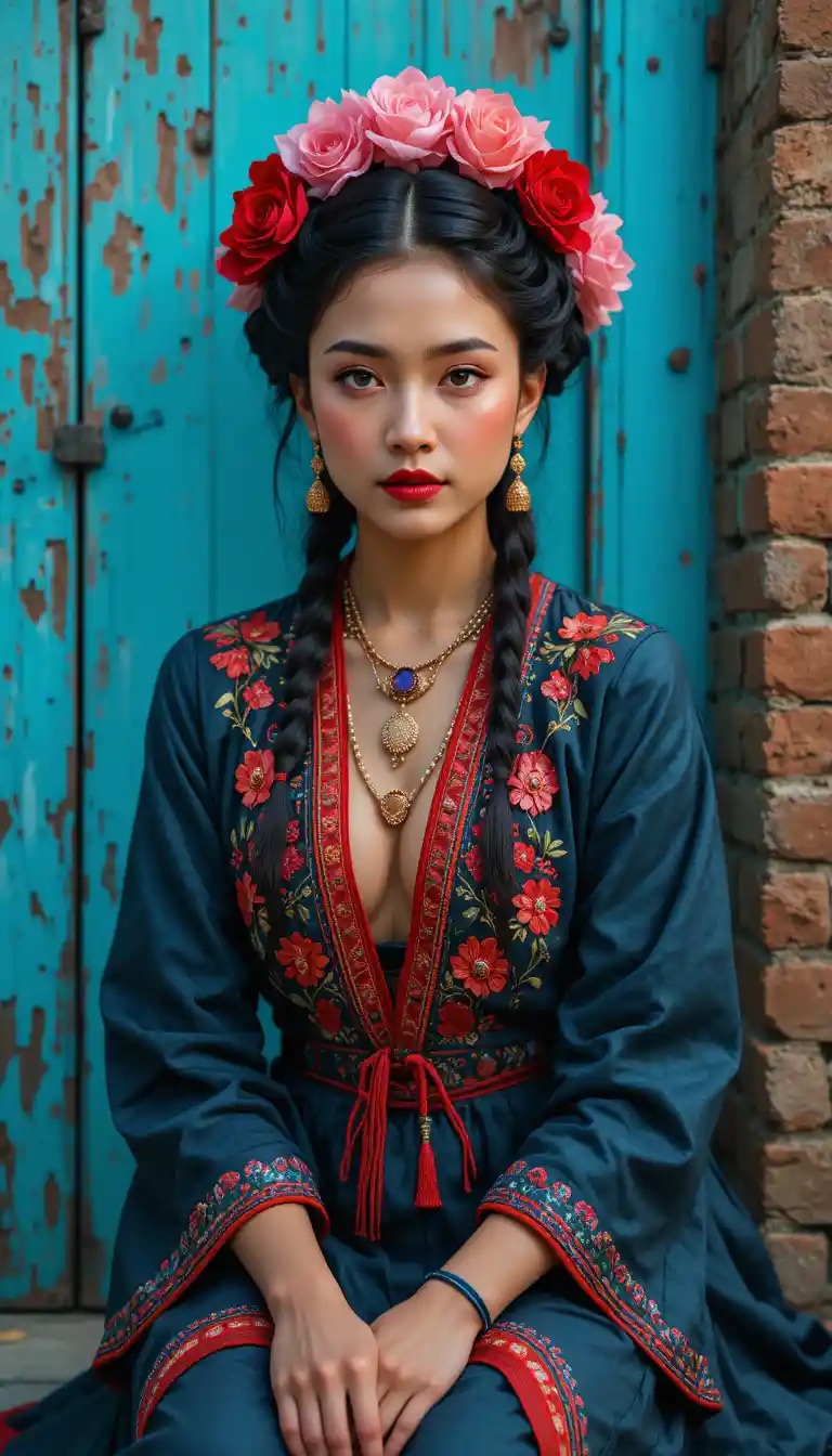 Woman in floral headdress before turquoise wooden door