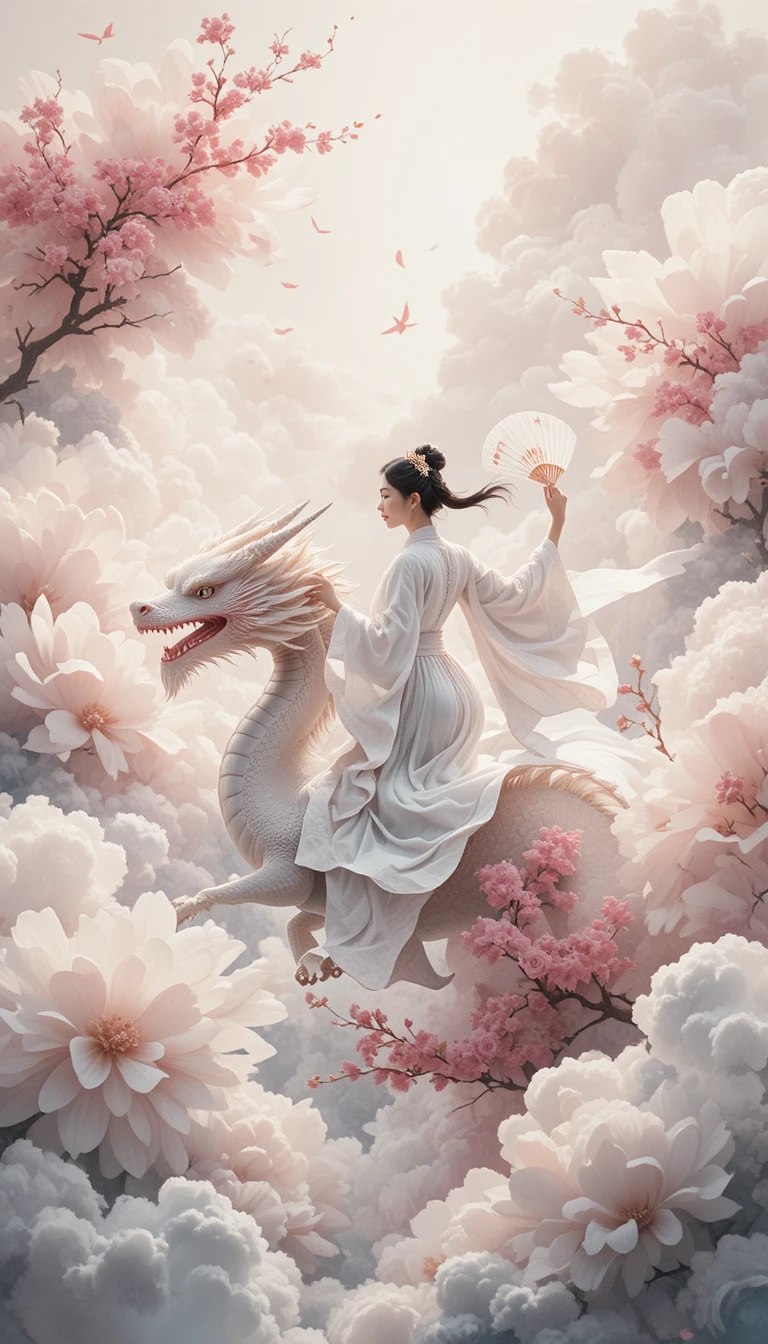 Chinesische Prinzessin, die auf einem weißen Drachen durch weiche Wolken fliegt