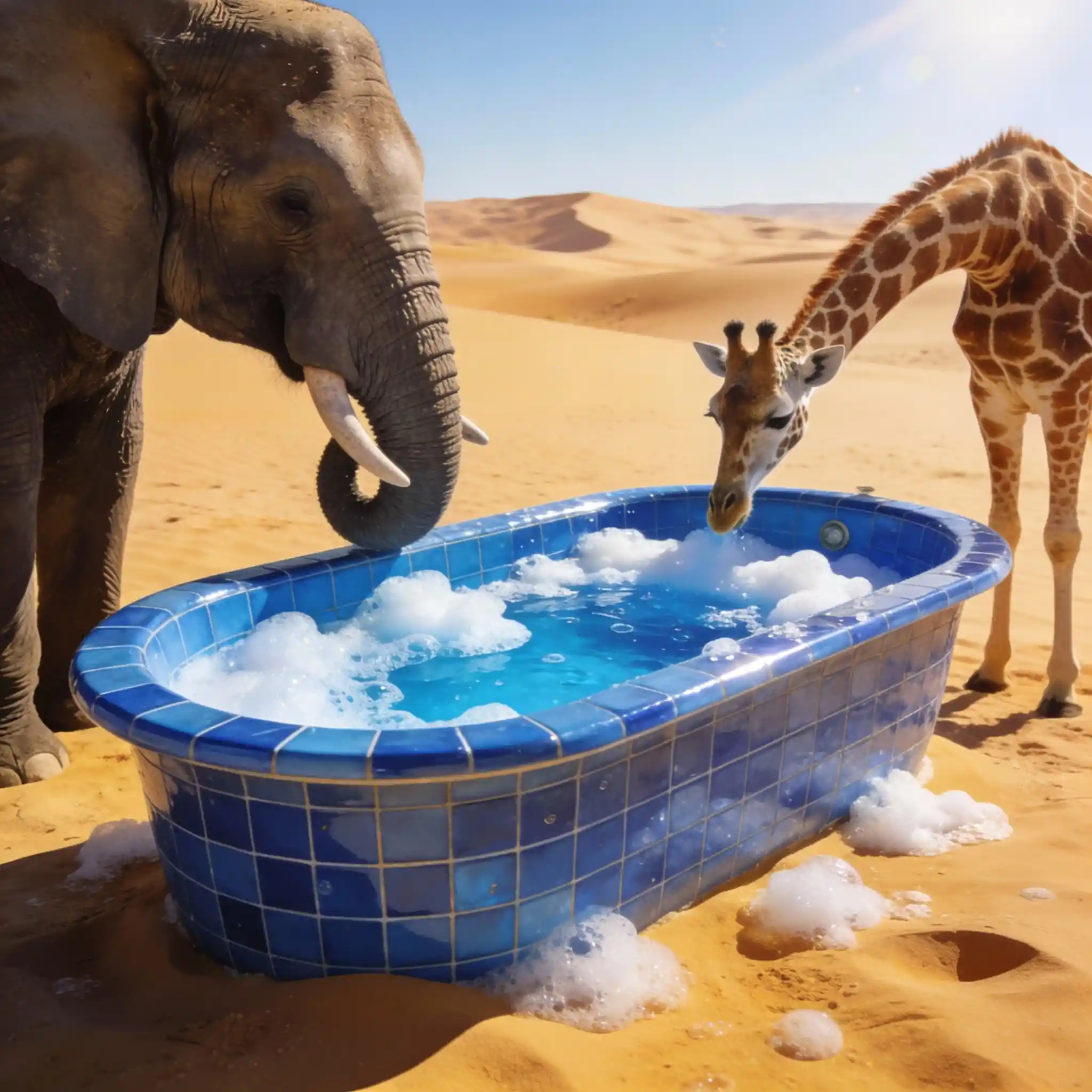 Elephant And Giraffe Discover A Blue Bathtub In The Desert