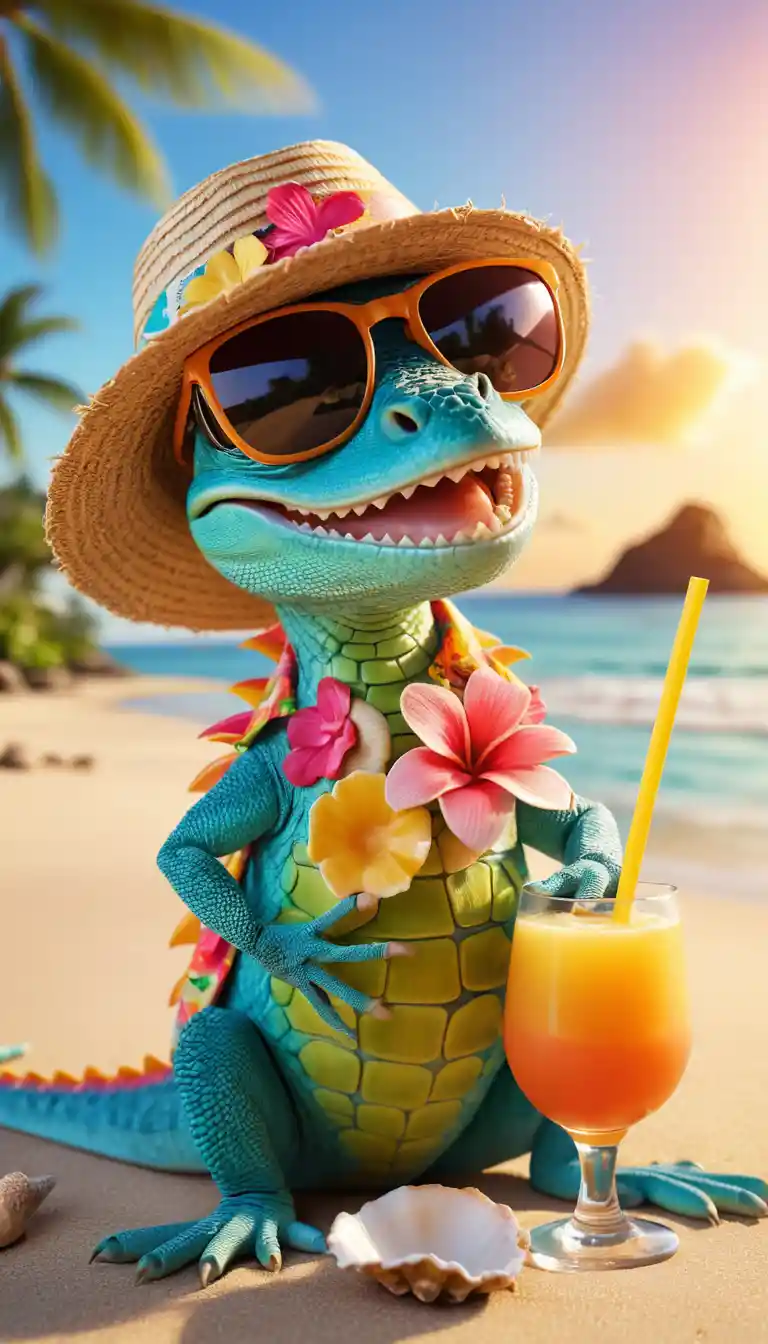 Lézard 3D souriant se détendant sur une plage tropicale ensoleillée