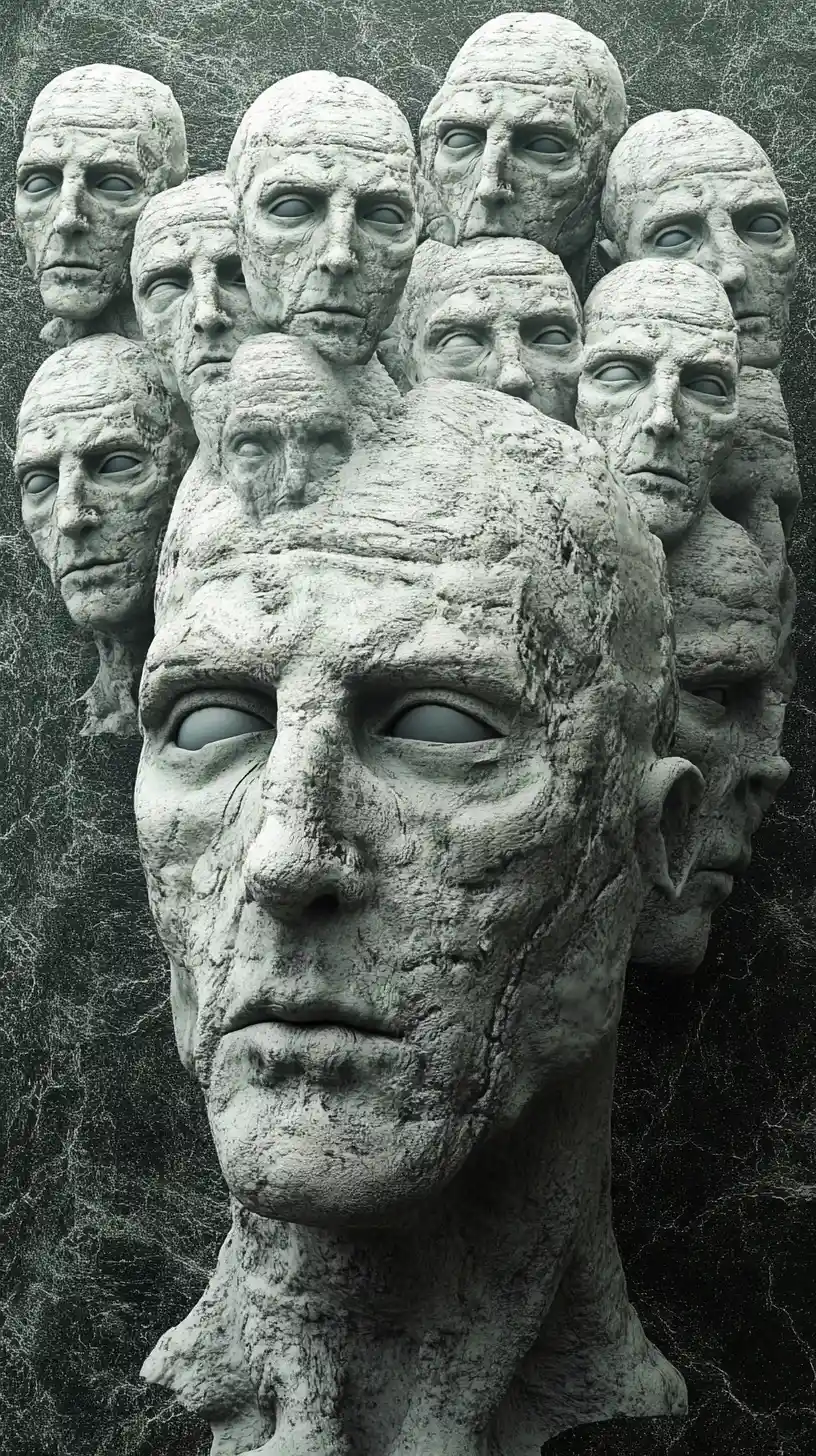 Endless crowd of men with multiple shifting faces