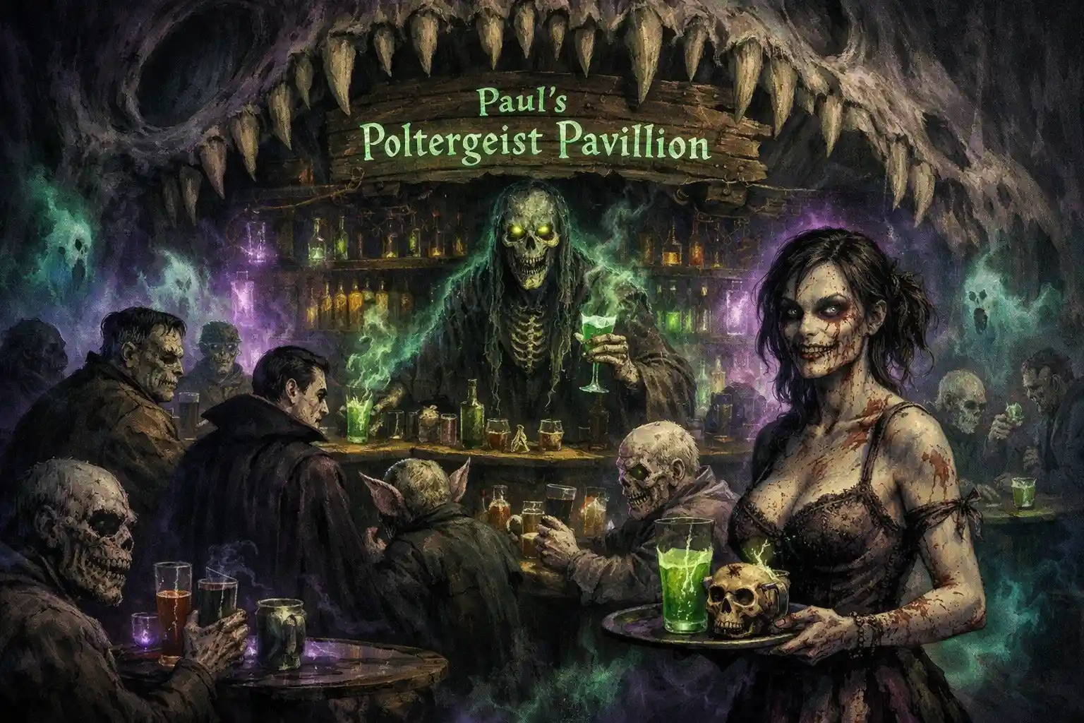 Ghostly bar inside a colossal alien skull cavern