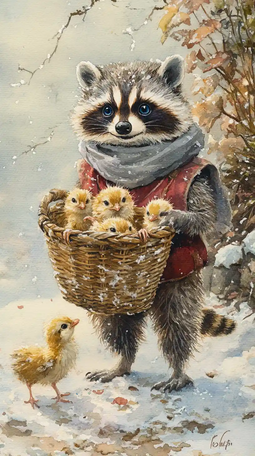 Watercolor raccoon carrying a basket of chicks in snow