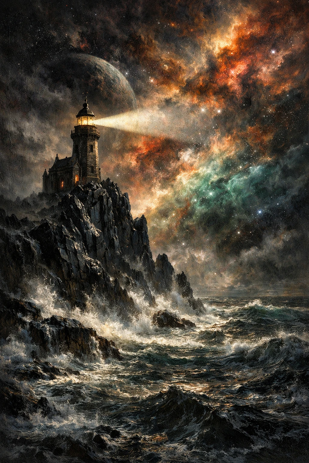 Lighthouse Above A Stormy Cosmic Ocean At Night