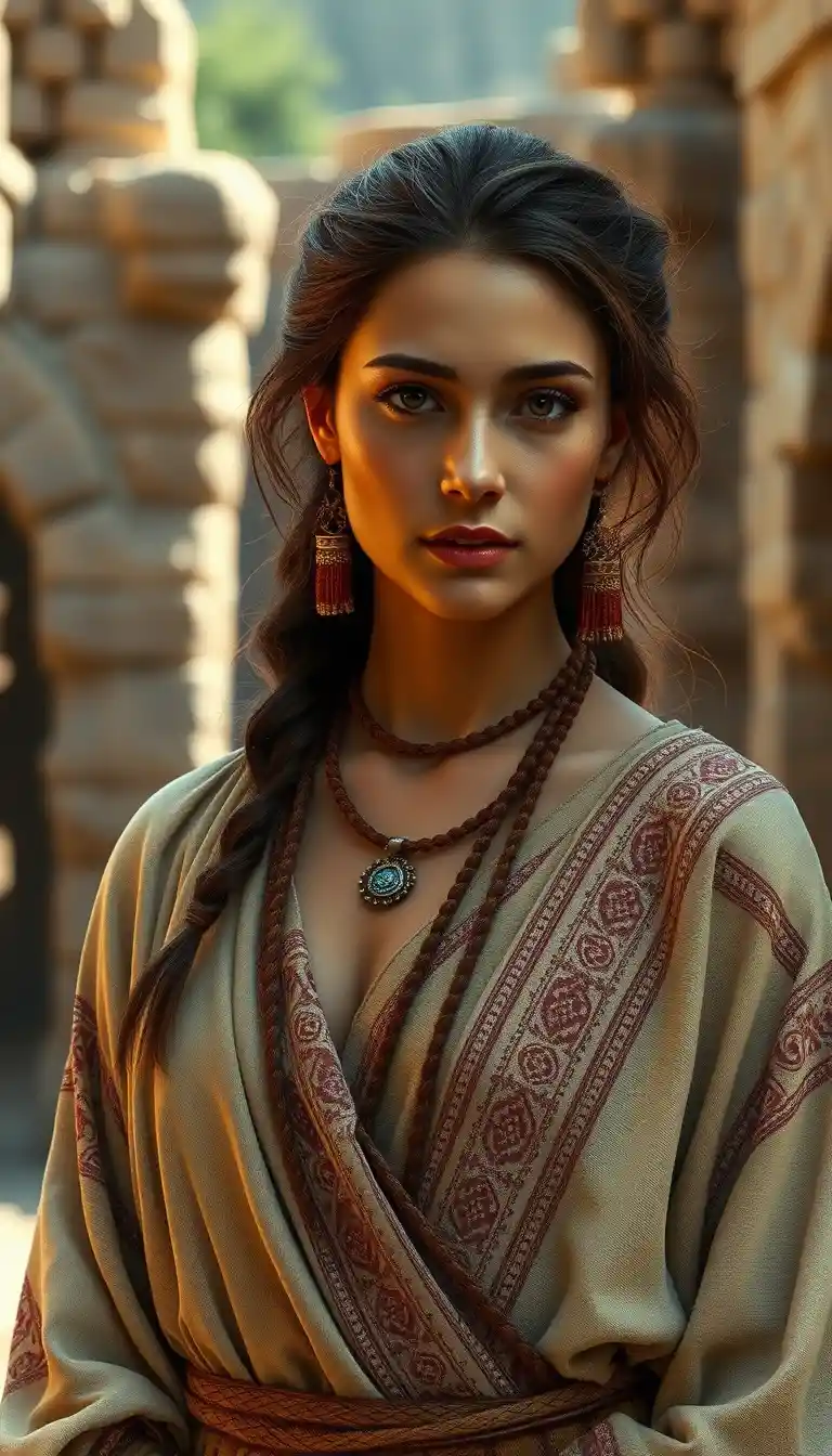 Mujer antigua con vestido tradicional junto a arquitectura de piedra