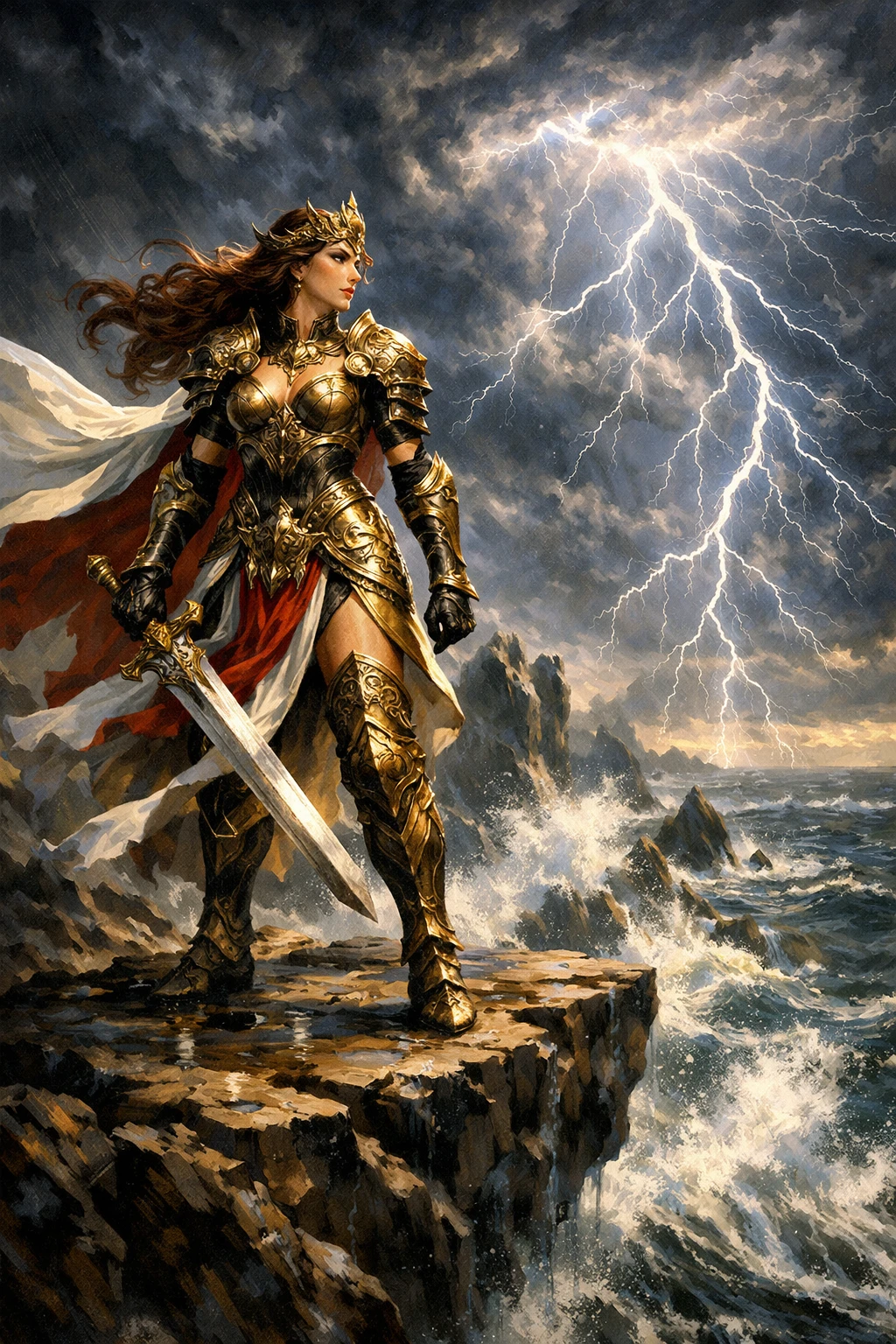 Mythic warrior woman on a stormy cliff above the sea