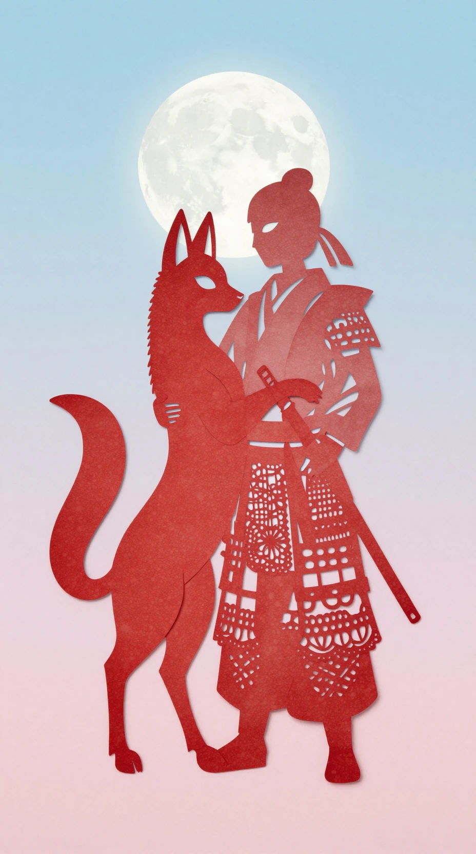 Papier-Kitsune umarmt Samurai im sanften Pastellmondlicht