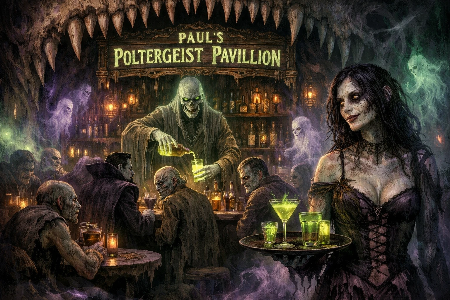 Bar fantasmal dentro de un colosal cráneo alienígena