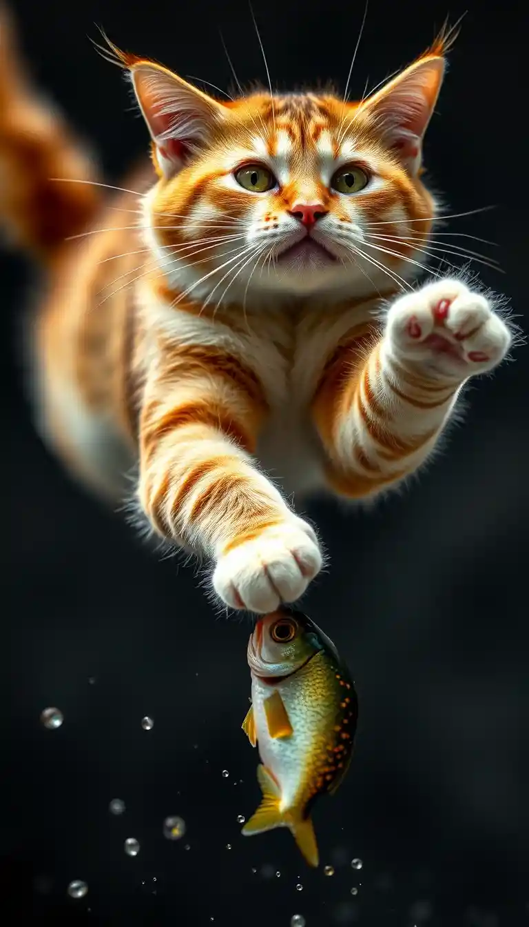 Gato saltando en el aire para atrapar un pez con enfoque nítido