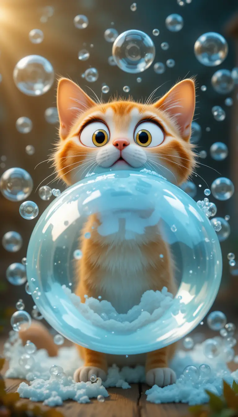 Cartoon cat shocked by giant popping soap bubbles