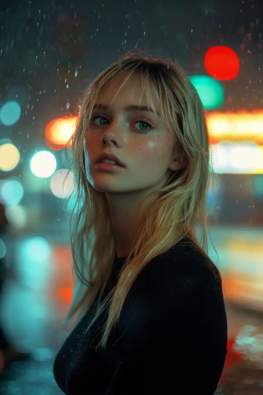 Young blonde woman on a rainy city street corner