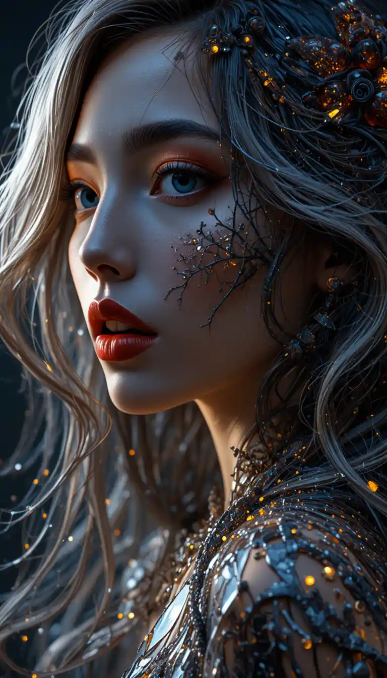 Abstract glass face with flowing patterned hair