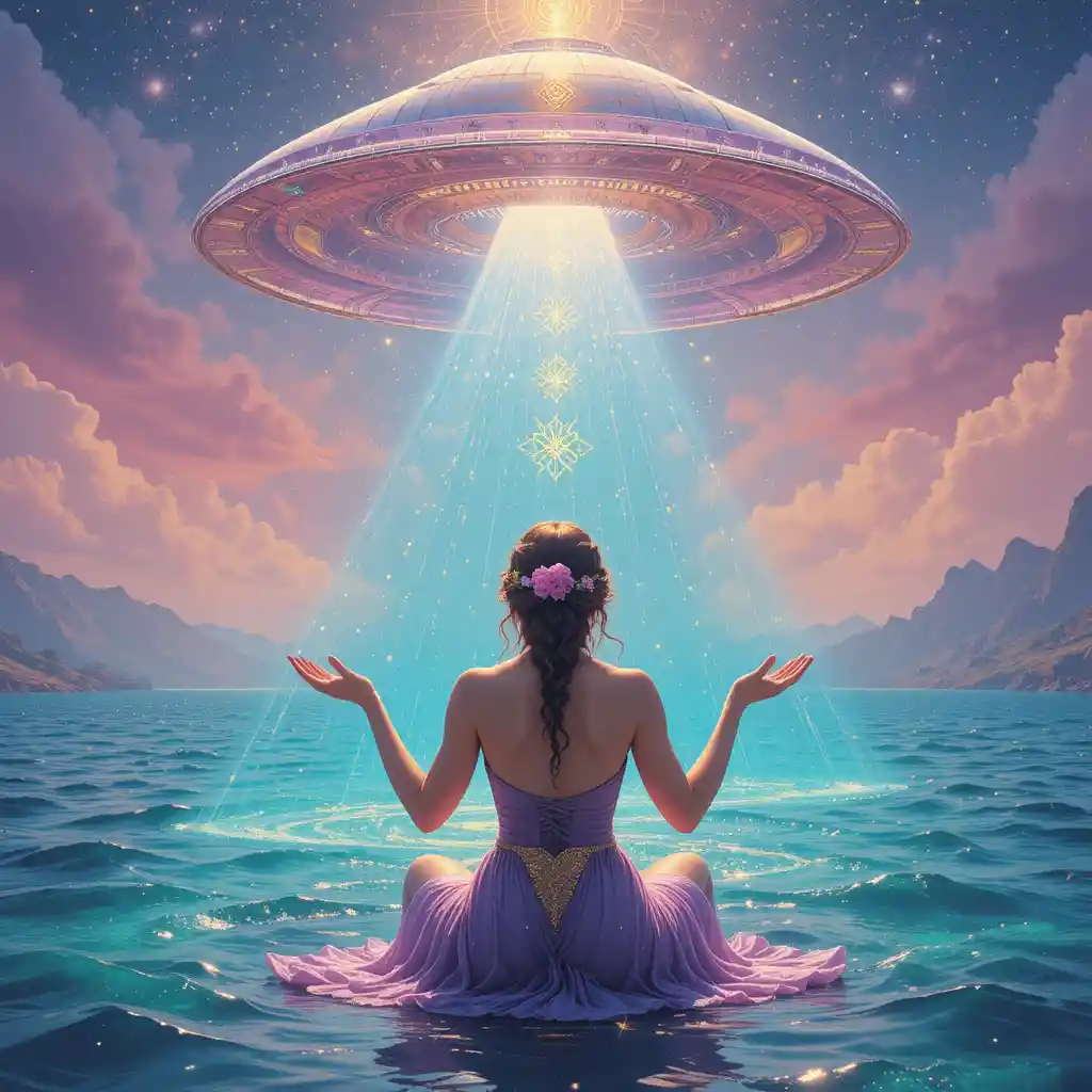 Woman receiving healing light beneath a glowing spaceship