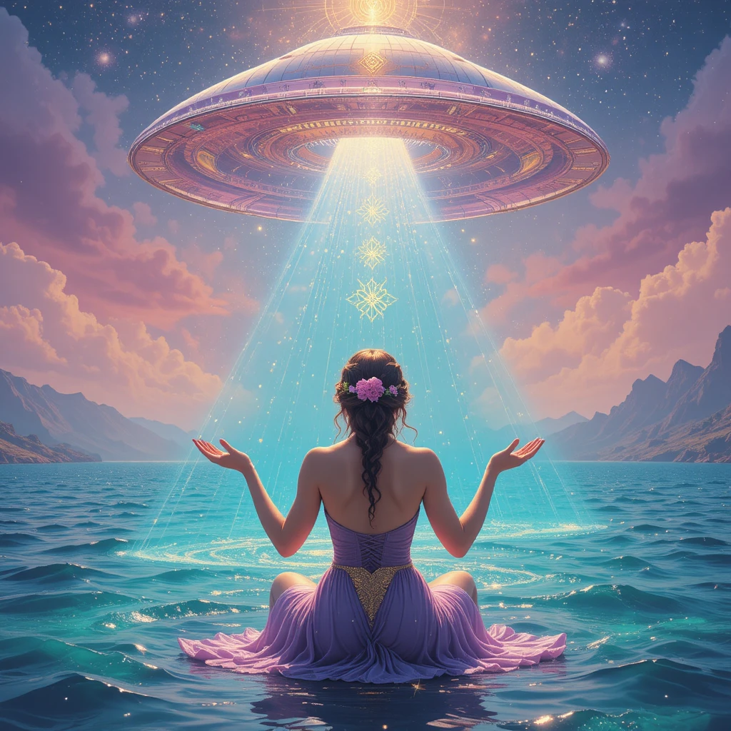 Woman receiving healing light beneath a glowing spaceship