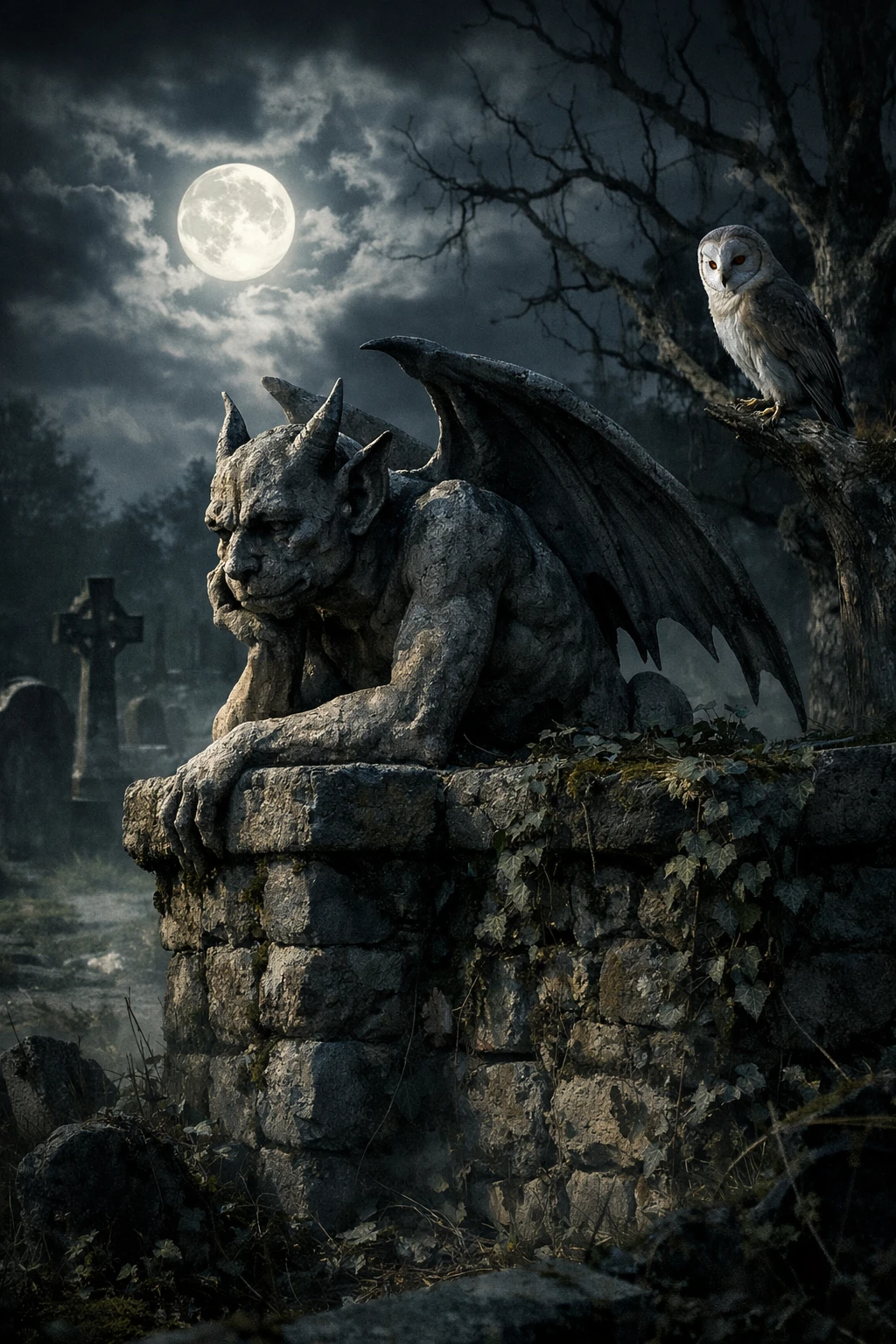 Gargoyle che riposa in silenzio sul muro del cimitero al chiaro di luna