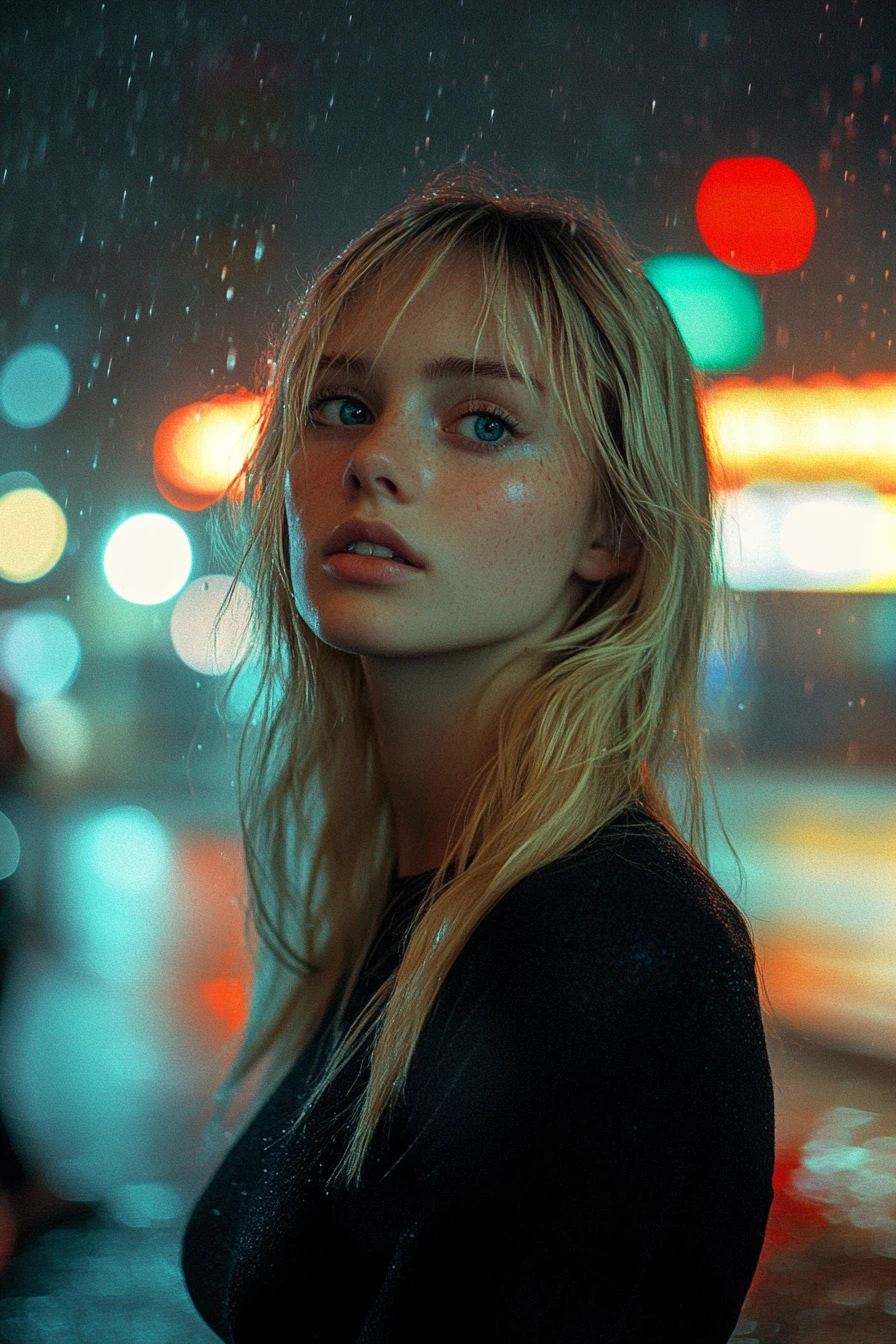 Young blonde woman on a rainy city street corner