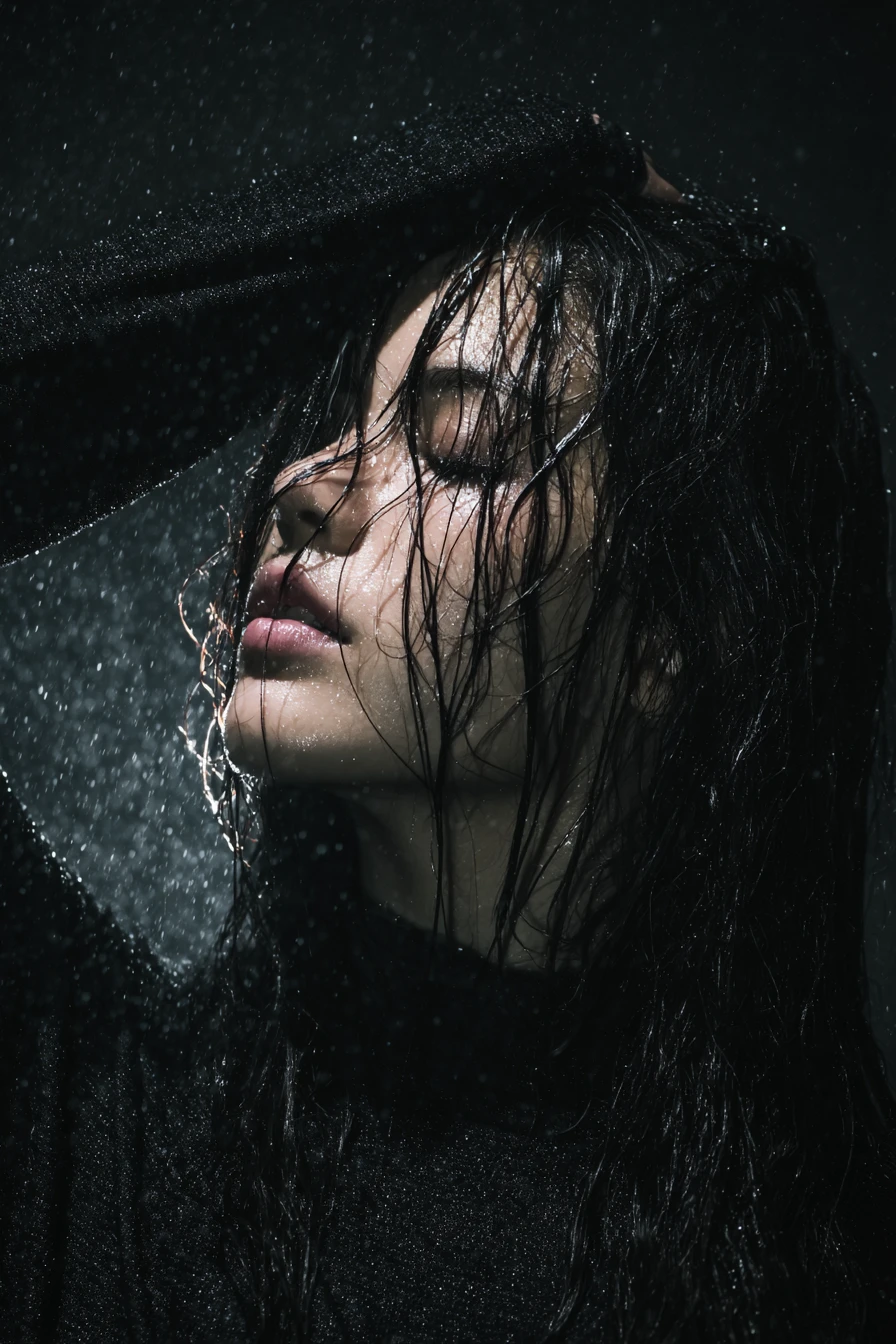 Young woman in the rain at night with eyes closed