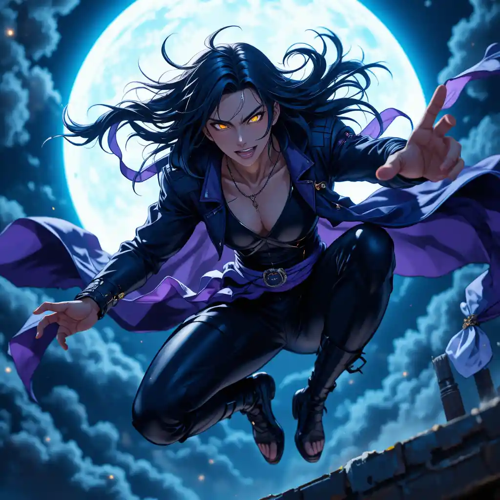 Anime warrior woman leaping across a moonlit rooftop